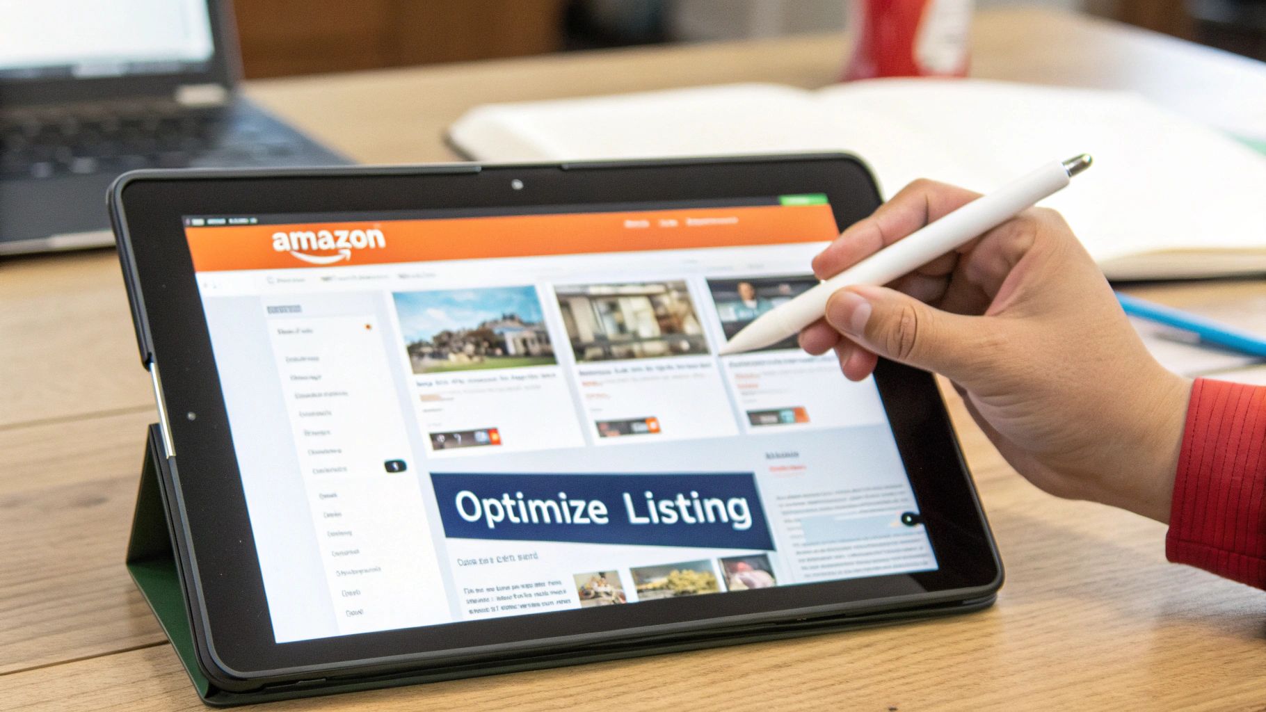 A hand using a stylus on a tablet, displaying Amazon's website with 'Optimize Listing' visible.