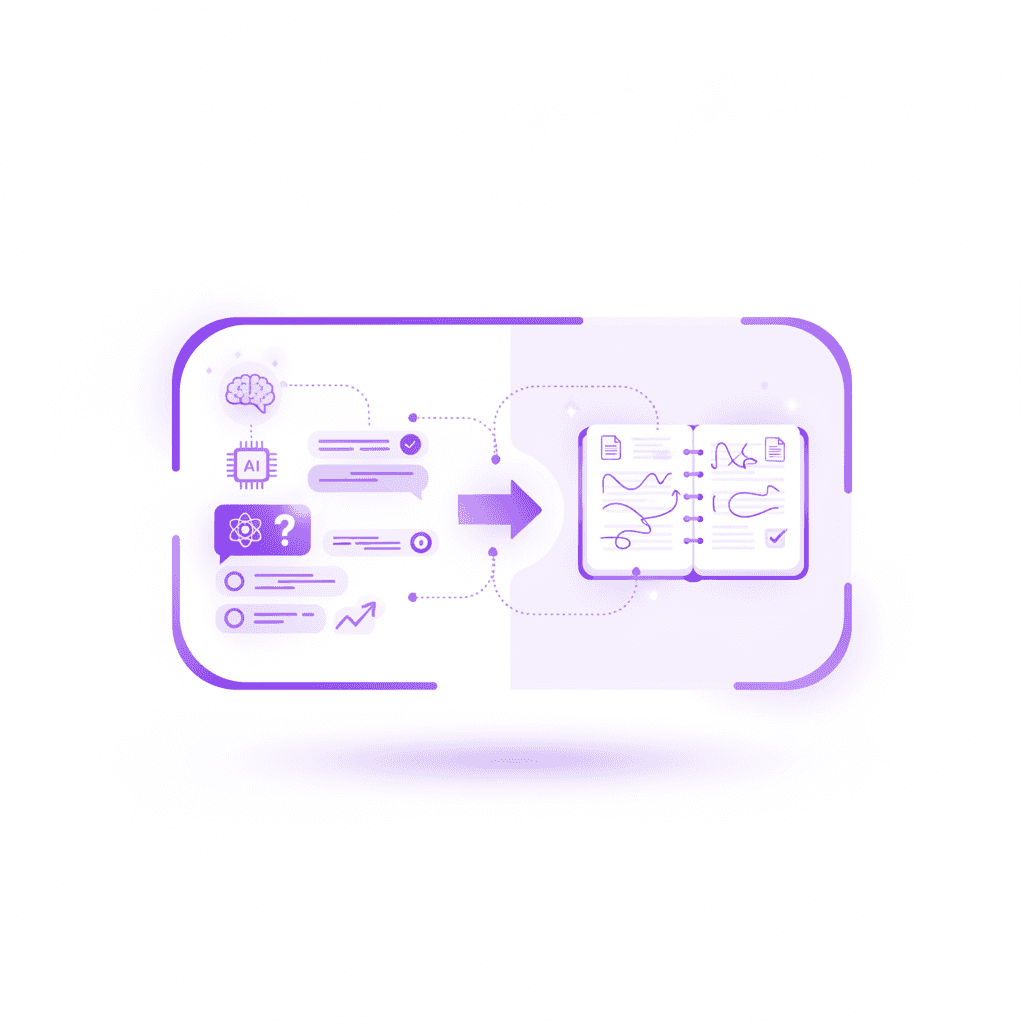 A digital student dashboard showing an AI chat interface on one side explaining a physics concept, and a separate student notebook on the other side where notes are being written in human handwriting.