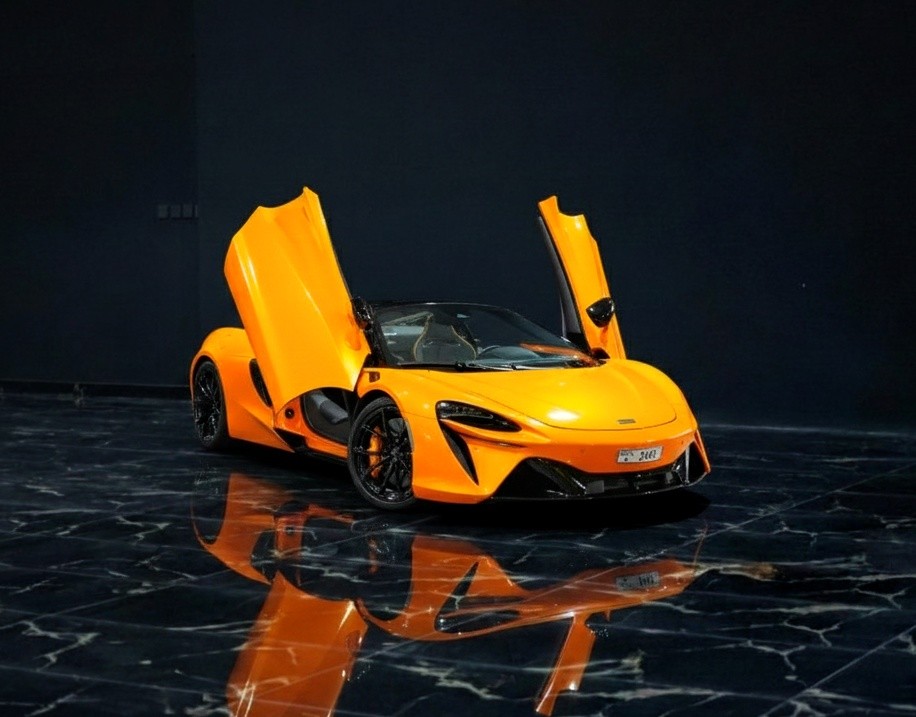 McLaren Artura Spider 2025 open top hybrid supercar exterior detail photographed for Queen of Supercar Rental Dubai
