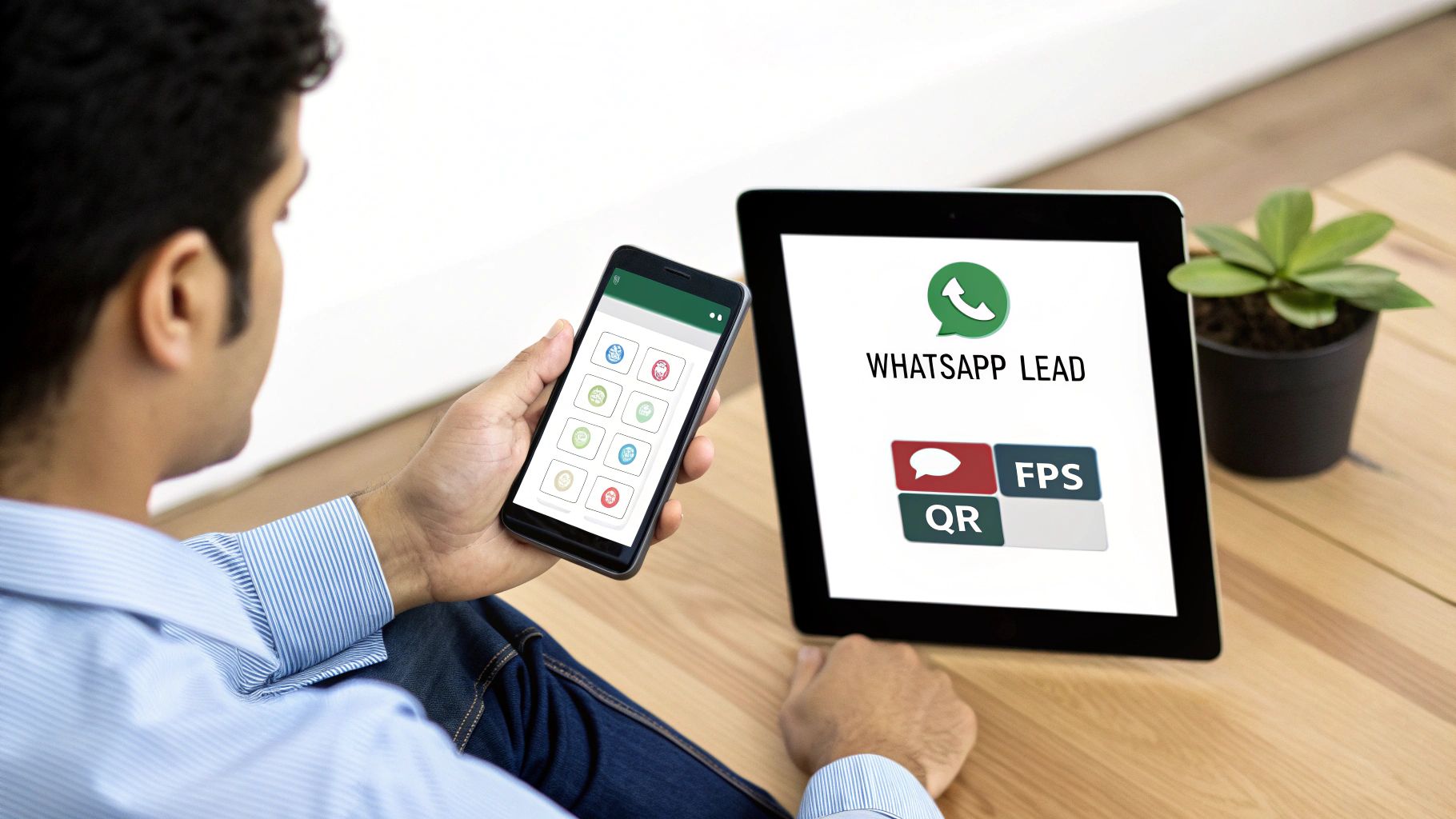 Man using a smartphone and looking at a tablet displaying 'WHATSAPP LEAD' with app icons.
