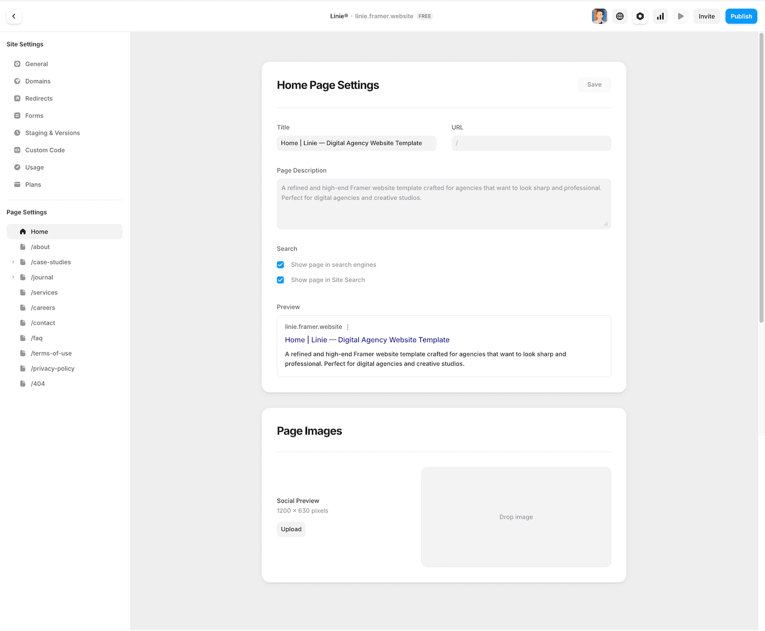 Framer right panel showing the Tag dropdown for a selected element, with options like nav, article, section, footer visible