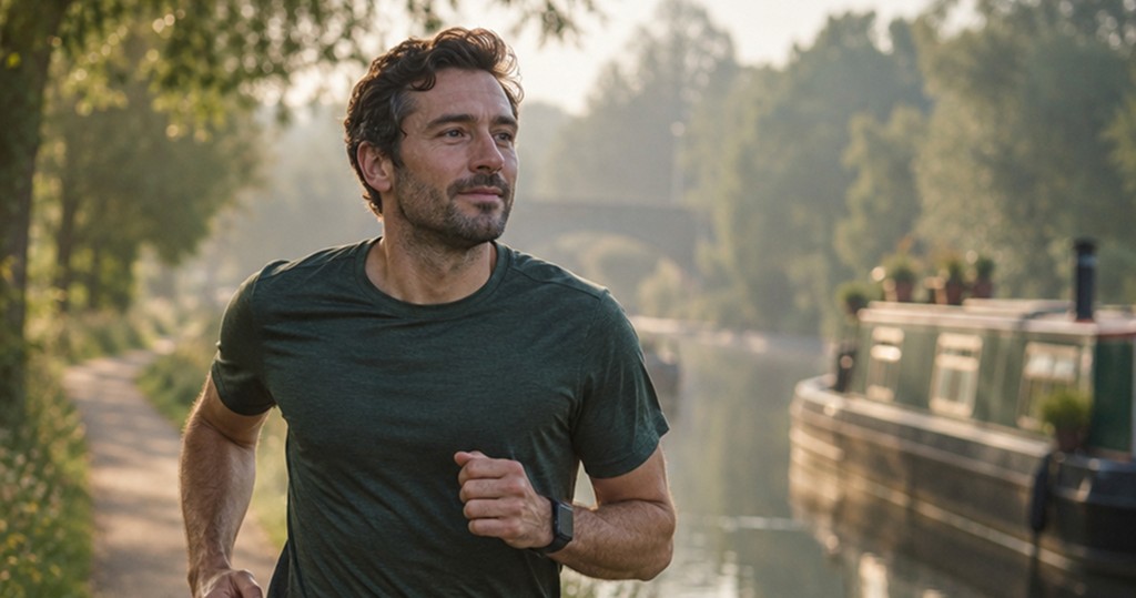 A man in his thirties in a dark green T-shirt runs along a canal towpath in hazy morning light, a narrowboat moored behind him and a watch on his wrist (AI-generated image)