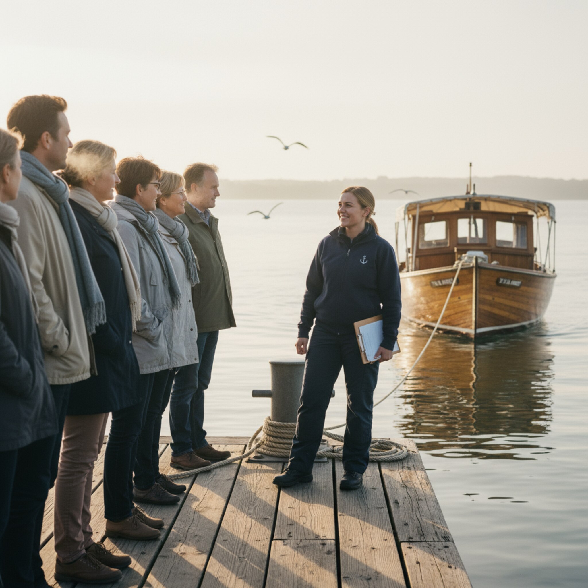 Frühes Sonnenlicht spiegelt auf ruhigem Wasser, während Gäste mit leichten Jacken am Pier anstehen. Eine Crewmitarbeiterin begrüßt lächelnd, im Hintergrund zieht leise ein Ausflugsschiff ein. Möwen kreisen über dem Hafen, die Leinen sind bereit. Die Stimmung ist erwartungsvoll und gelassen.