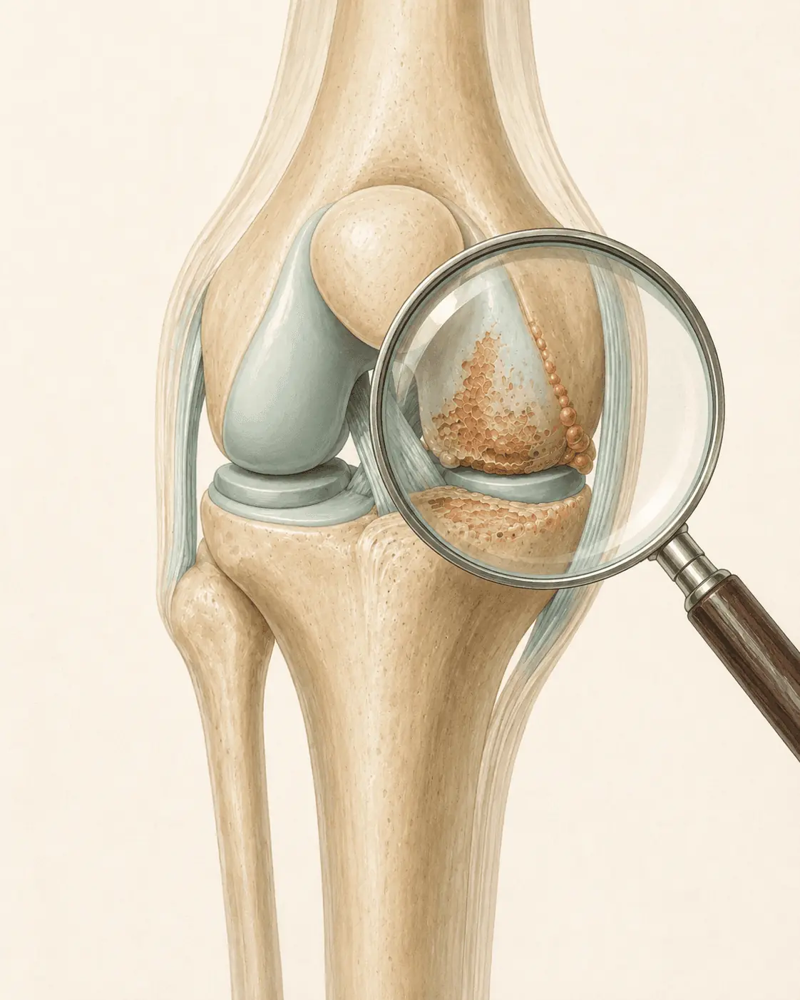 Magnifying glass focusing on knee cartilage