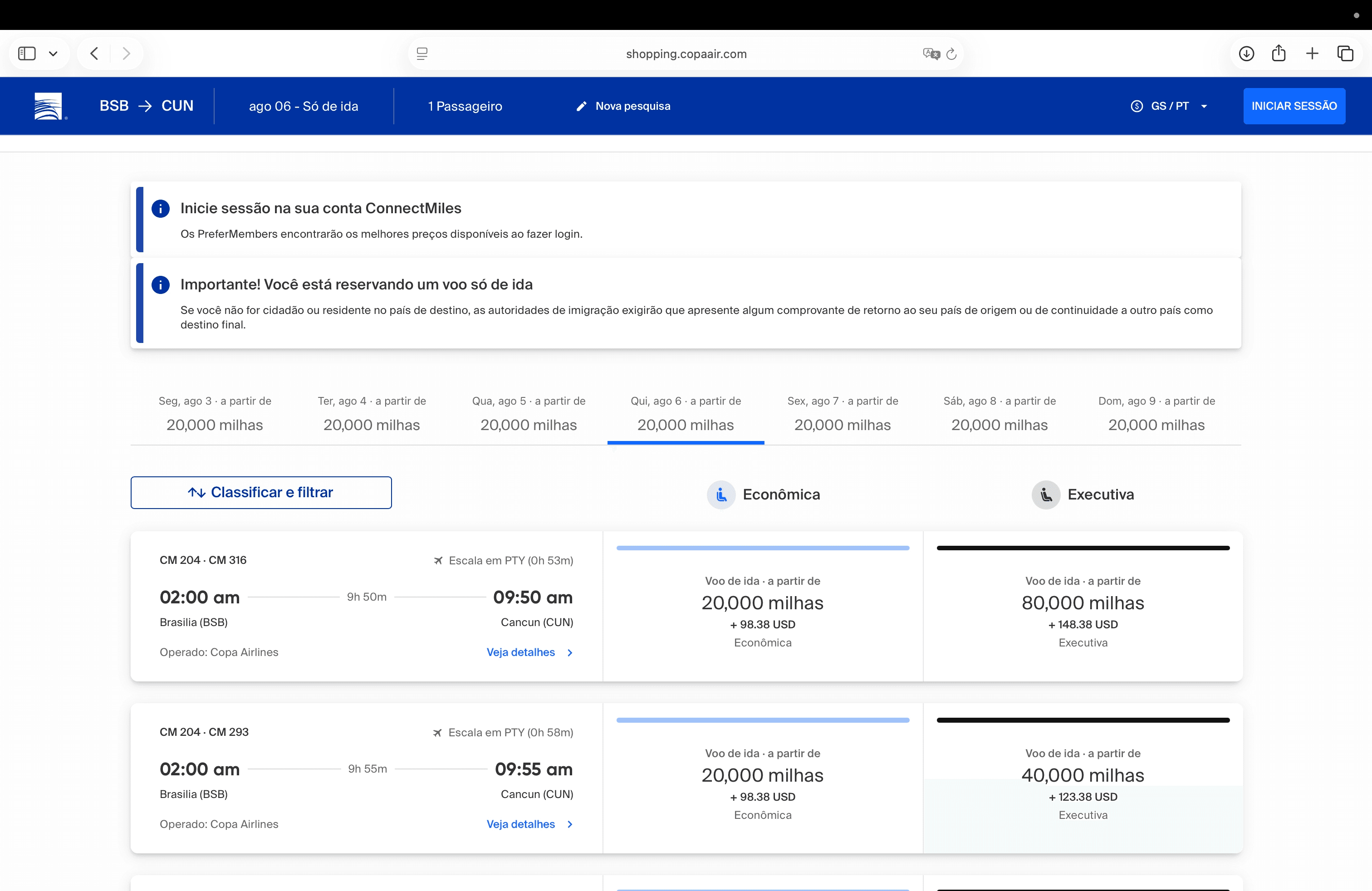 Disponibilidade de emissão da Copa Airlines para Cancún mostrando passagens por 20.000 milhas em classe econômica e 40.000 milhas em classe executiva.