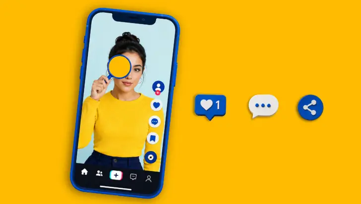 Smartphone with woman holding magnifying glass in TikTok and social media icons.