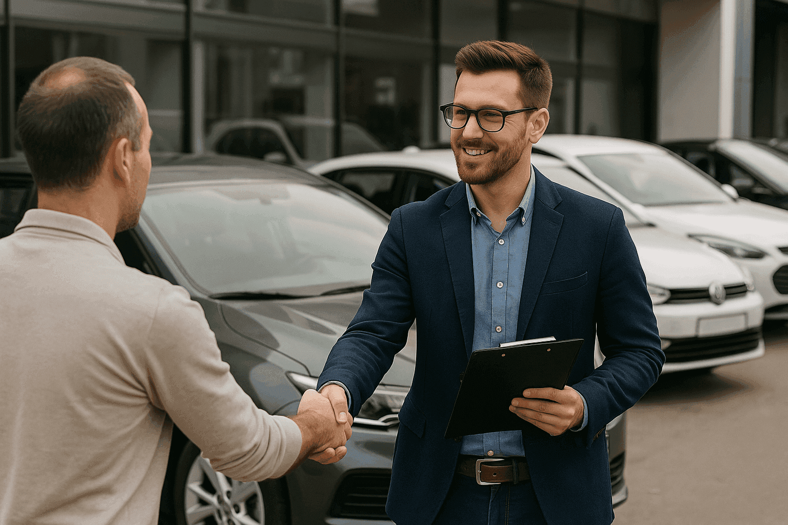 Car salesman shaking hands with customer after deal is made