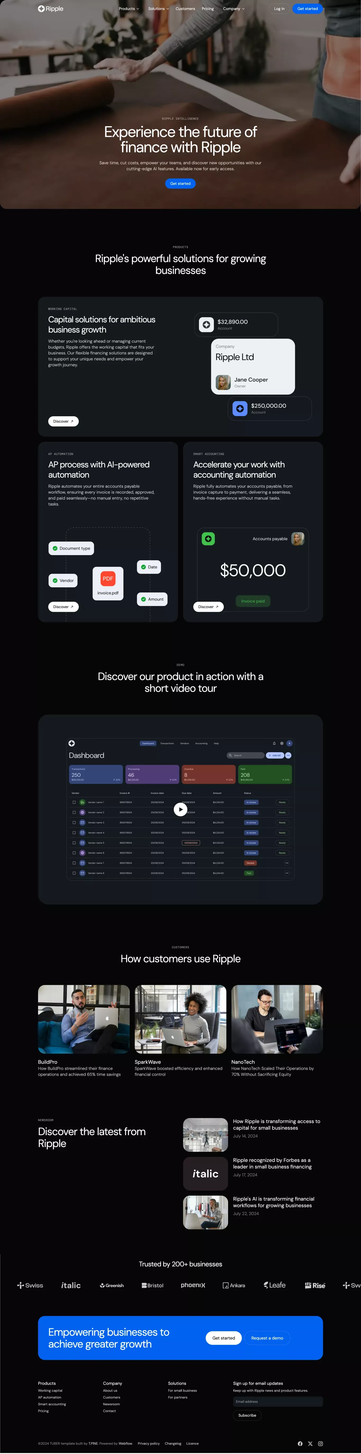 Ripple - Webflow HTML website template landing page screenshot showcasing Tech and Finance design
