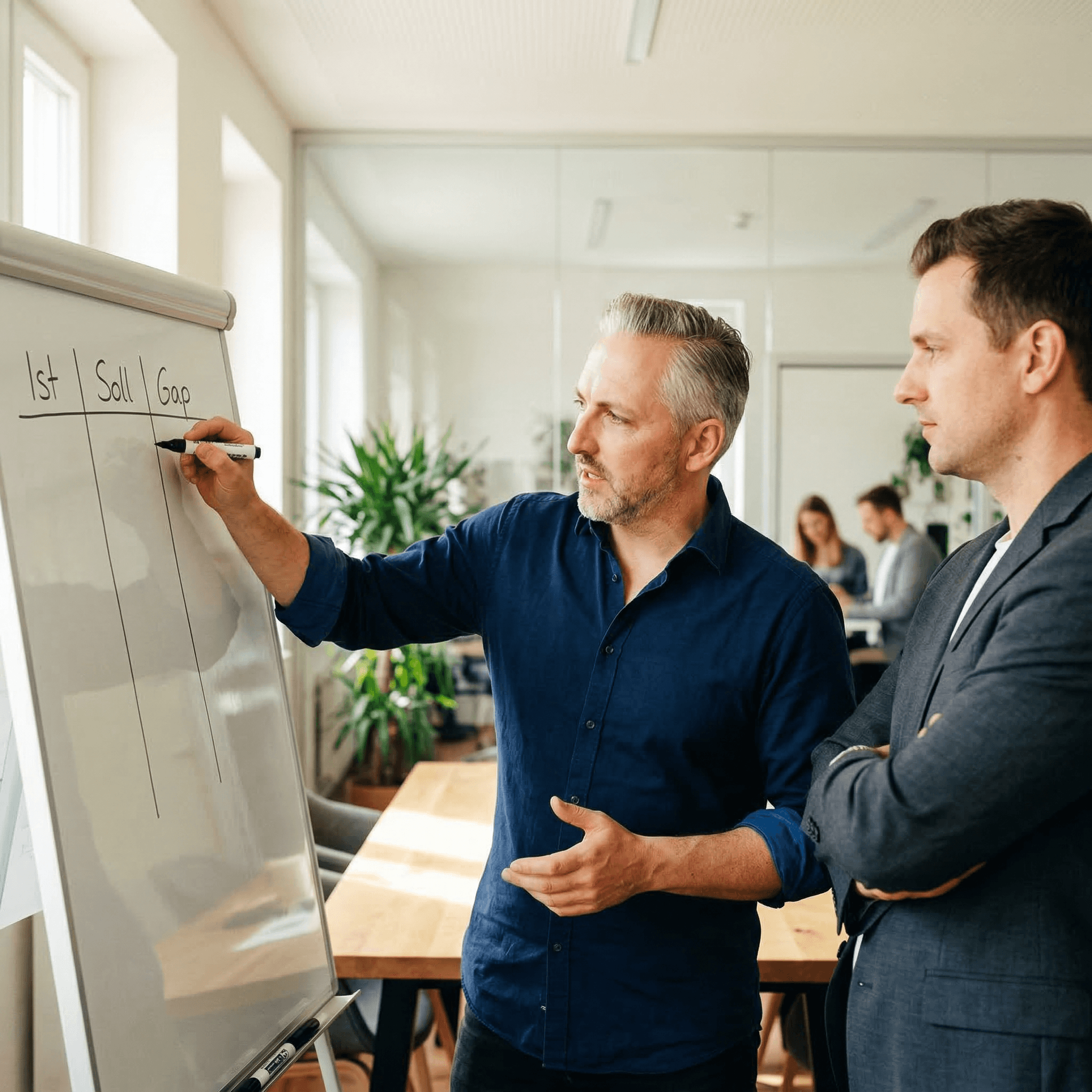 Hannes Weindorf erklärt die drei Säulen des BGM am Whiteboard