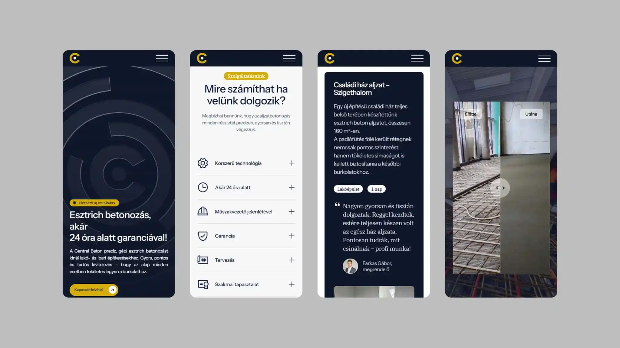 Négy mobilképernyő mockupja a Central Beton weboldaláról világosszürke háttéren. Balról jobbra: a sötétkék hero szekció a fő értékajánlattal; a világos "Szolgáltatásaink" oldal harmonika menüvel az előnyökről; egy referenciamunka részletes leírása sötétkék kártyán ügyfélvéleménnyel; végül egy interaktív "Előtte-Utána" képslider egy padlófűtéses betonozási projektről.
