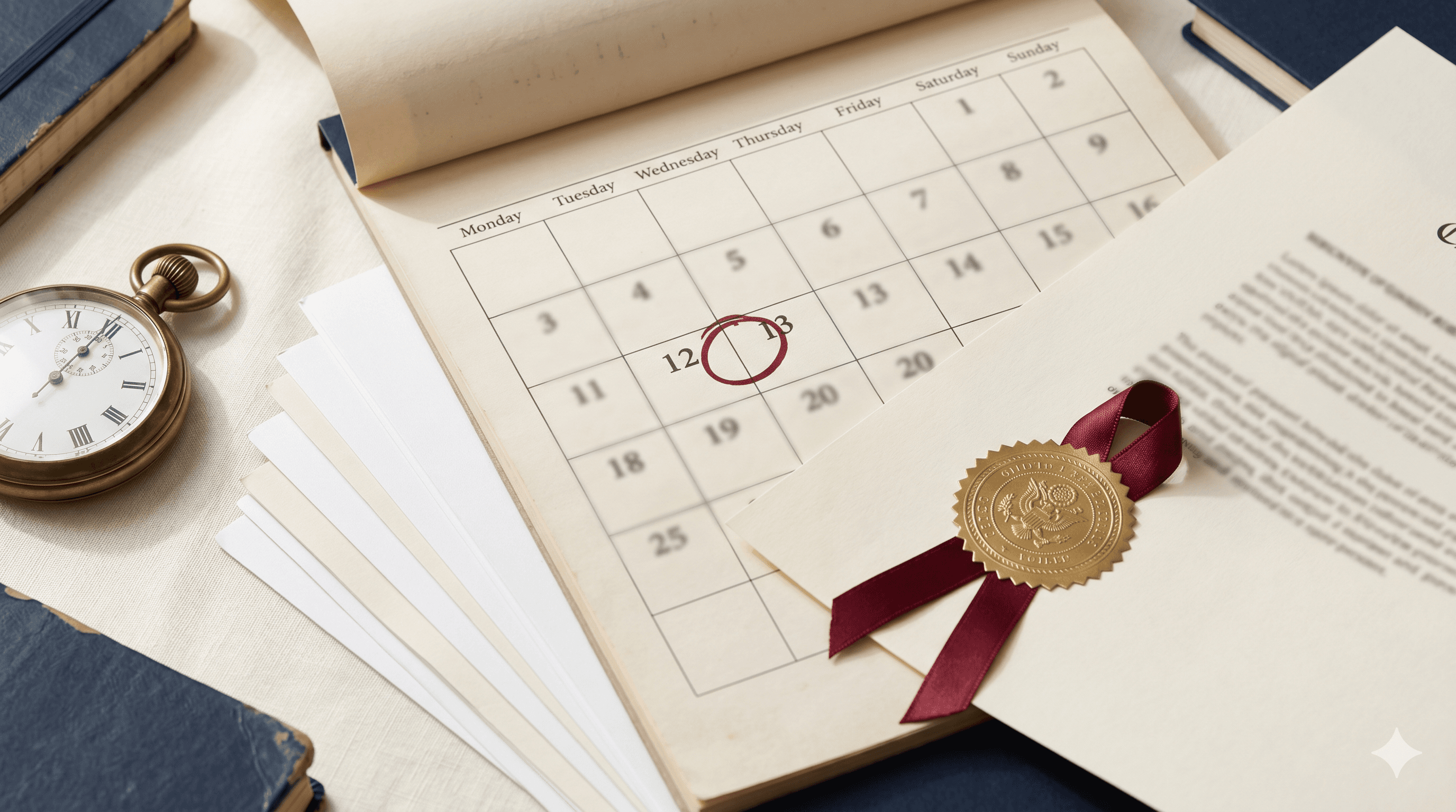 A calendar with a date circled in red beside an apostilled document and an analog clock, illustrating the 90-day timing window for the FBI background check in Portugal visa applications.