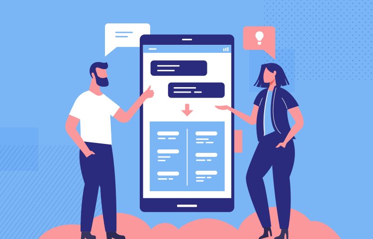 Illustration of a man and woman collaborating on a mobile app interface with chat and data.