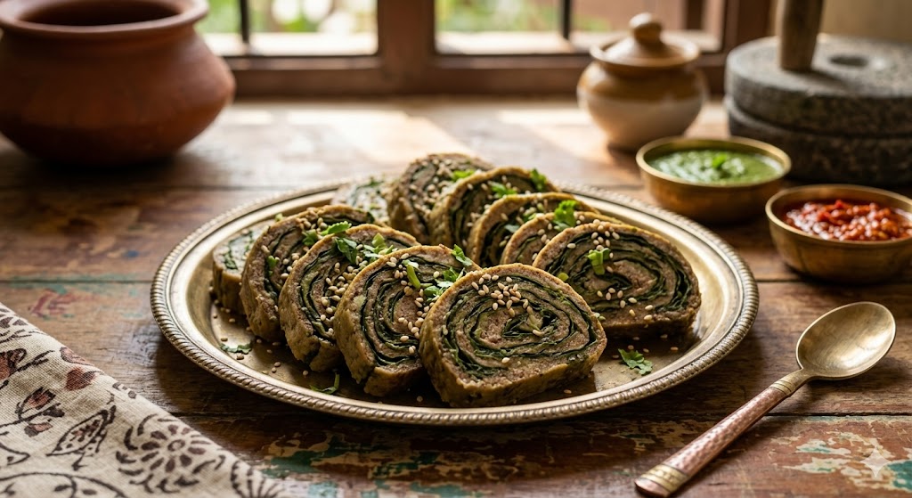A plate of sliced, traditional Maharashtrian alu wadi (colocasia leaf rolls) garnished with sesame seeds and cilantro, served with green and red chutneys on a rustic wooden table.