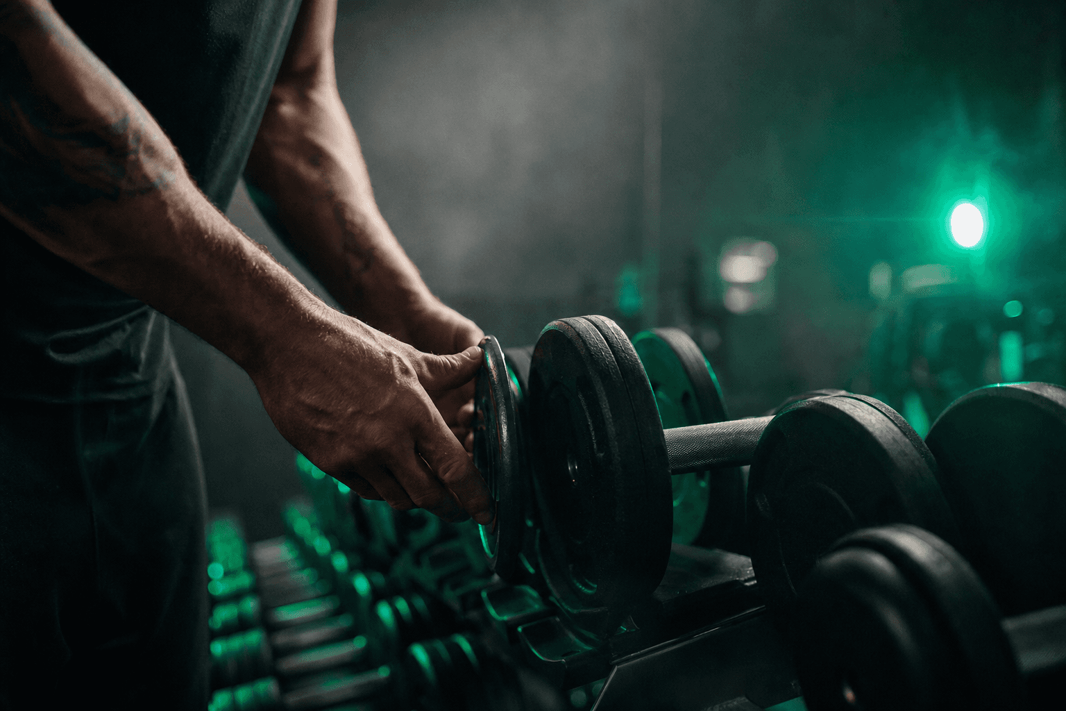 Close-up of a lifter's hands sliding small weight plates onto a dumbbell handle, lit with an emerald accent.