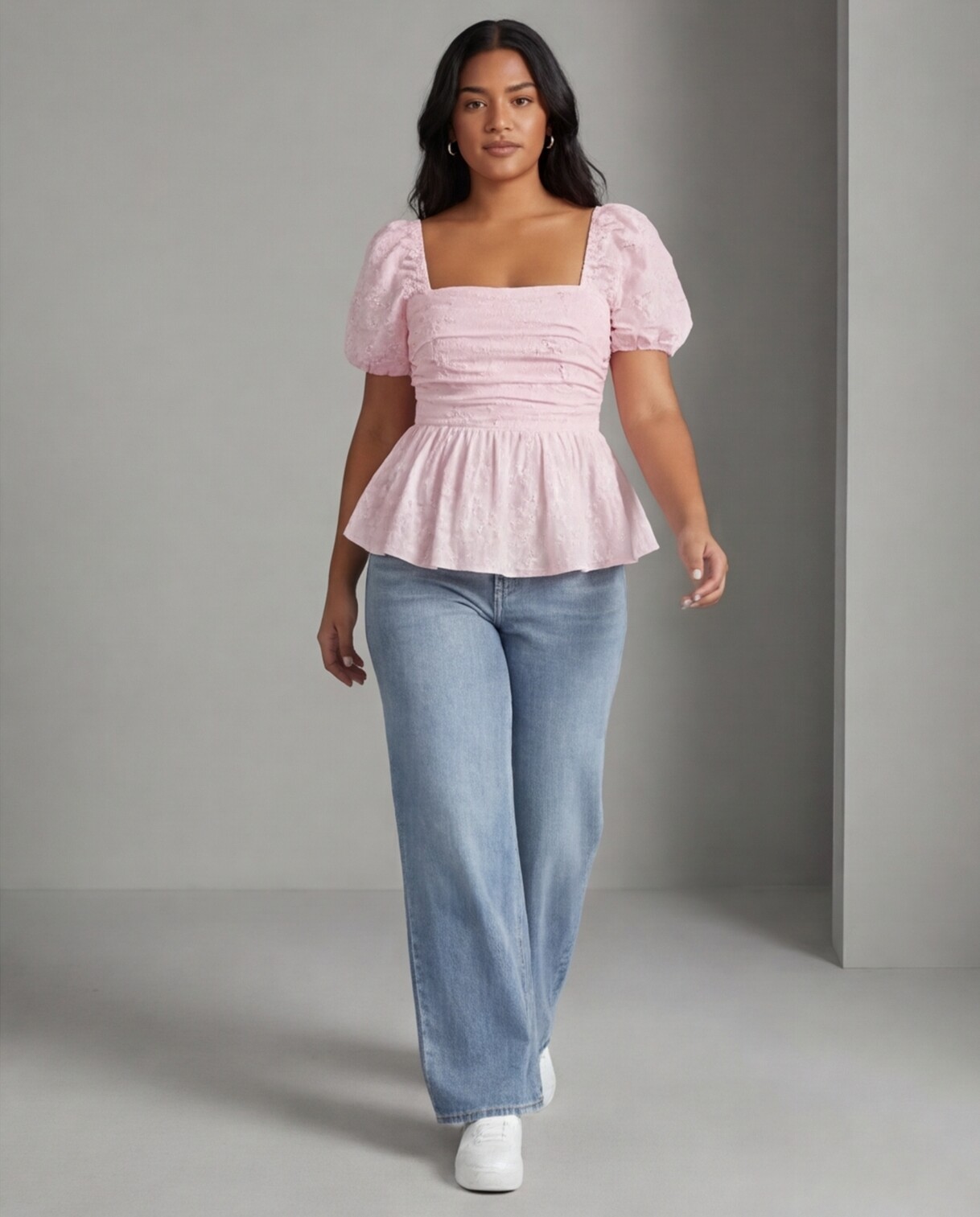 Pink Puff Sleeve Top with Light Denim Jeans
