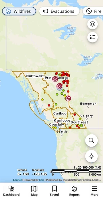 Screenshot: Active fire alerts near Squamish from BC Wildfire App