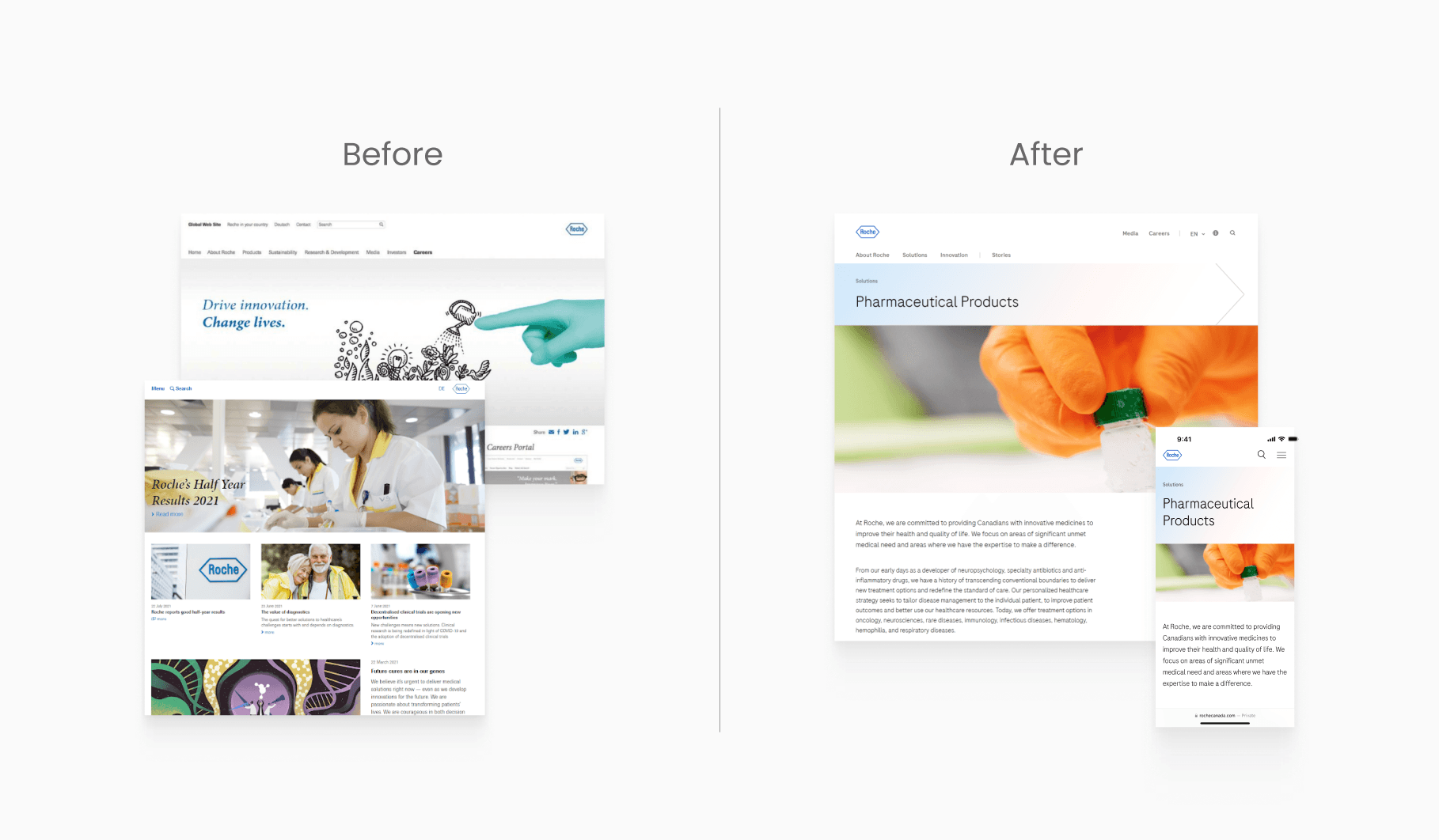 Before and after states of the Roche corporate website