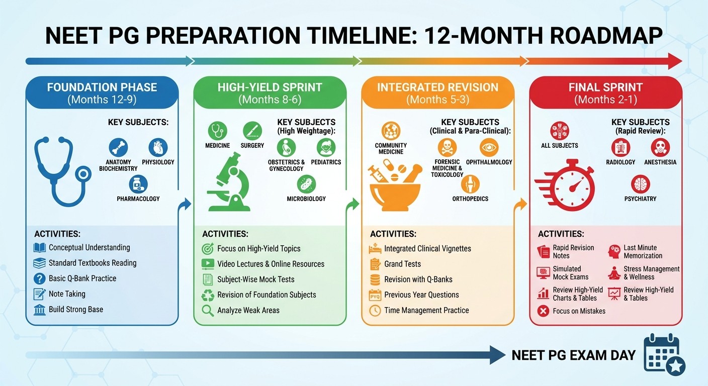 NEET PG 12-Month Study Timeline with Phase-wise Breakdown