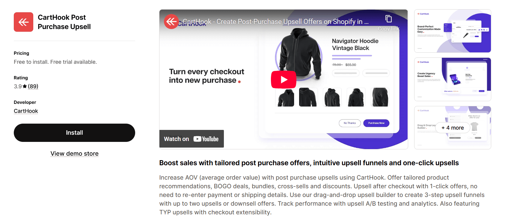 CartHook Post Purchase Upsell in Shopify App Store