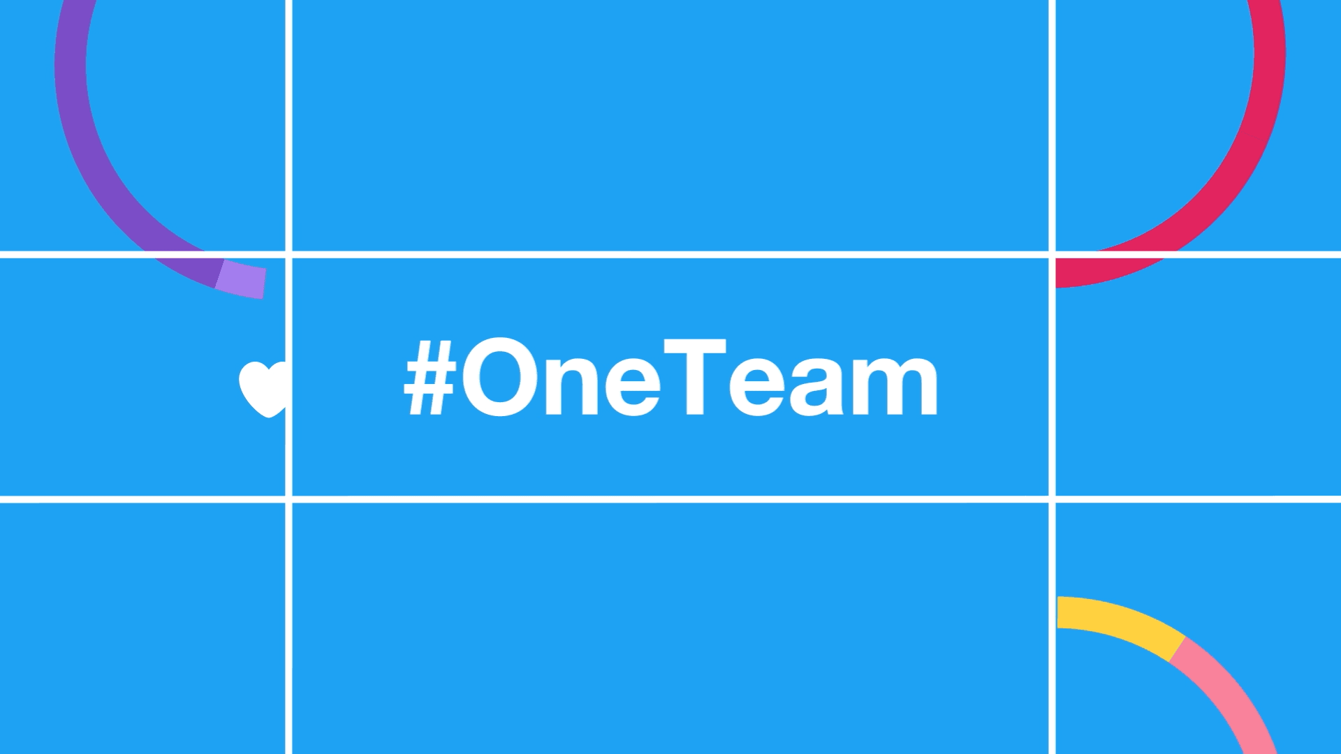 Closing animation frame displaying hashtag OneTeam on a blue Twitter grid background