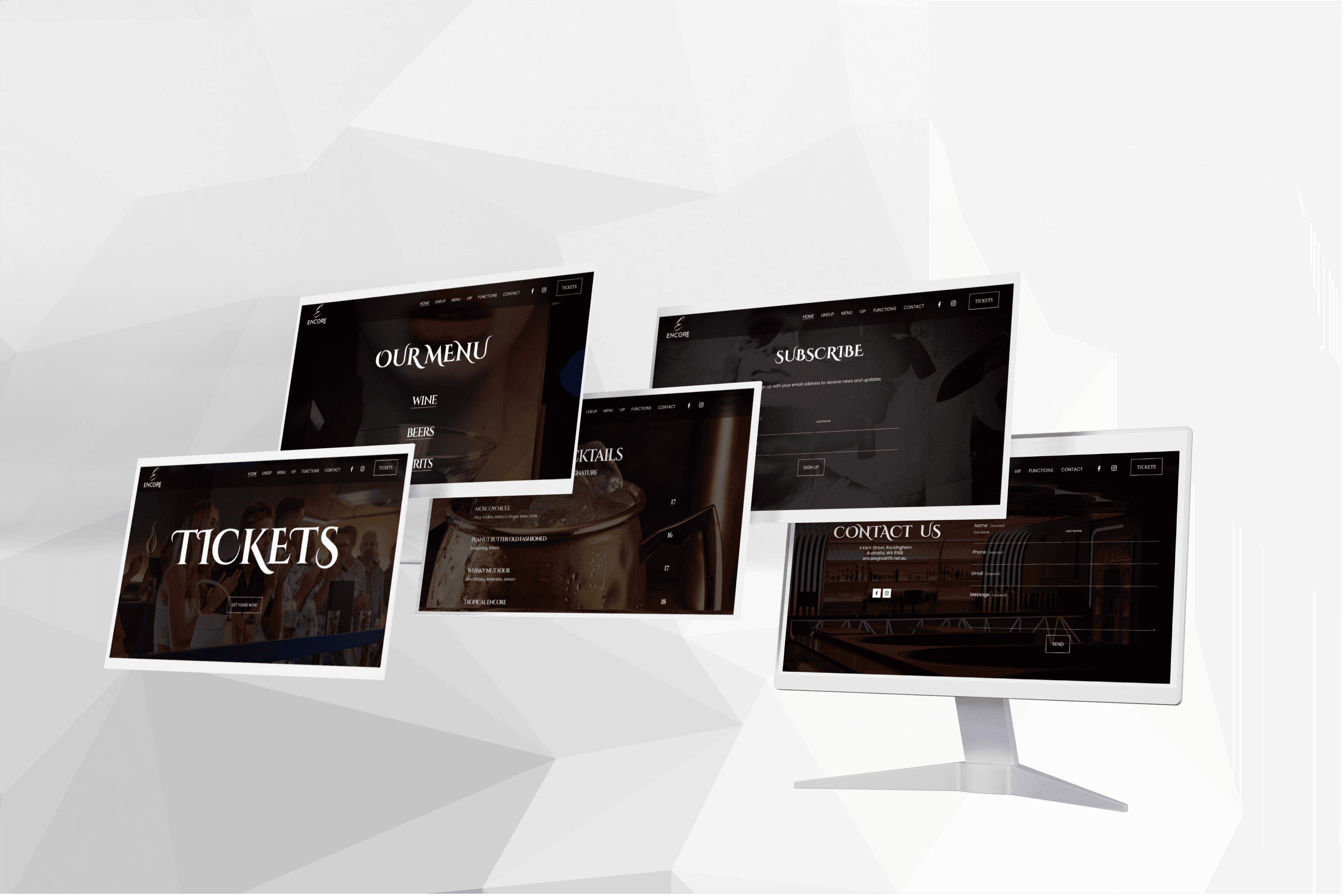 A dynamic 3D mockup of the Encore website featuring a physical desktop monitor in the foreground and multiple floating browser windows in a perspective grid, showcasing dark-mode UI sections like Tickets, Menu, and Contact pages.