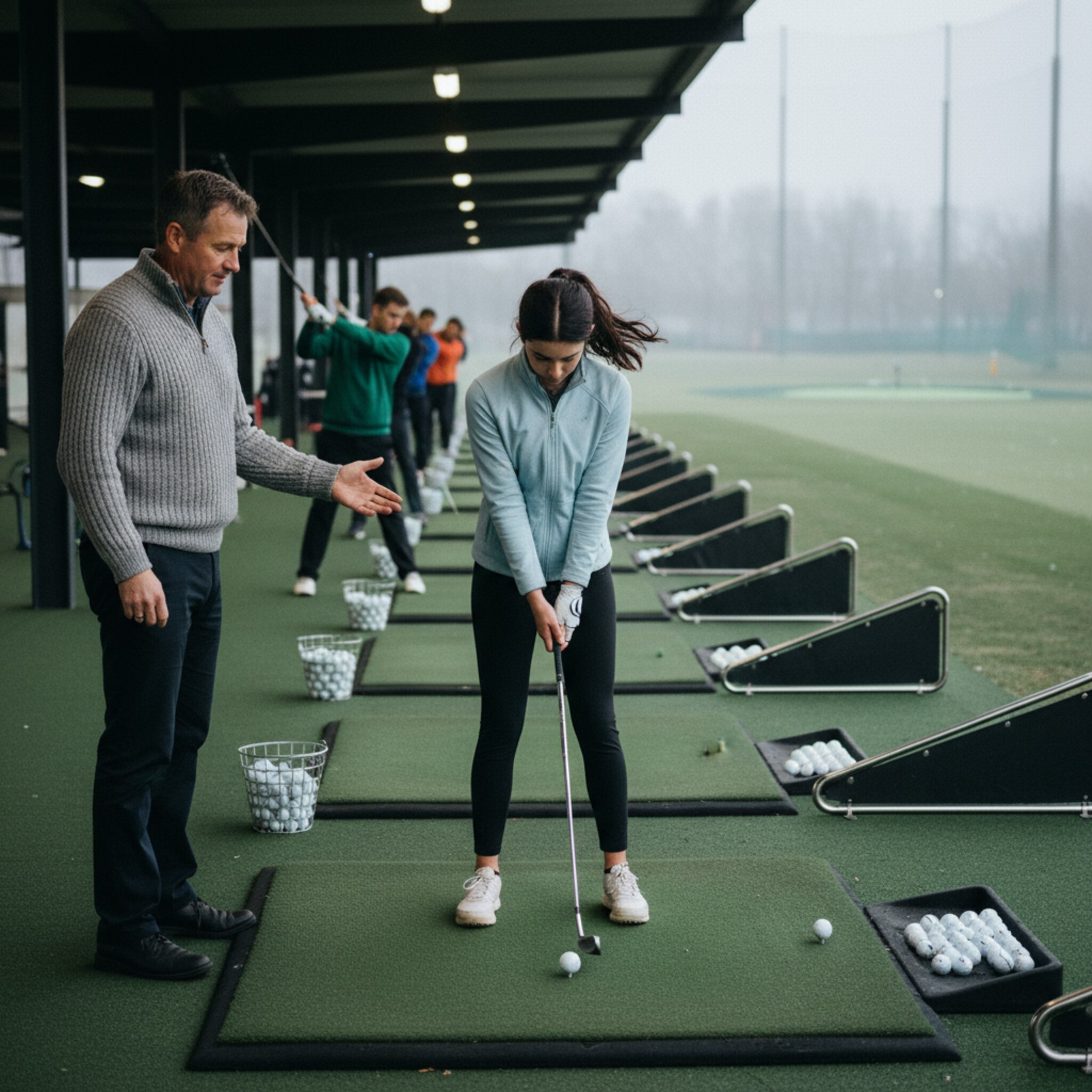 Unter Flutlicht schlagen Spieler rhythmisch Bälle auf der Driving-Range. Atemwolken in der kühlen Abendluft, sauber arrangierte Matten und Körbe. Ein Trainer gibt einem Jugendlichen einen kurzen Hinweis zur Haltung, während im Hintergrund gleichmäßige Schwünge die Szene strukturieren.