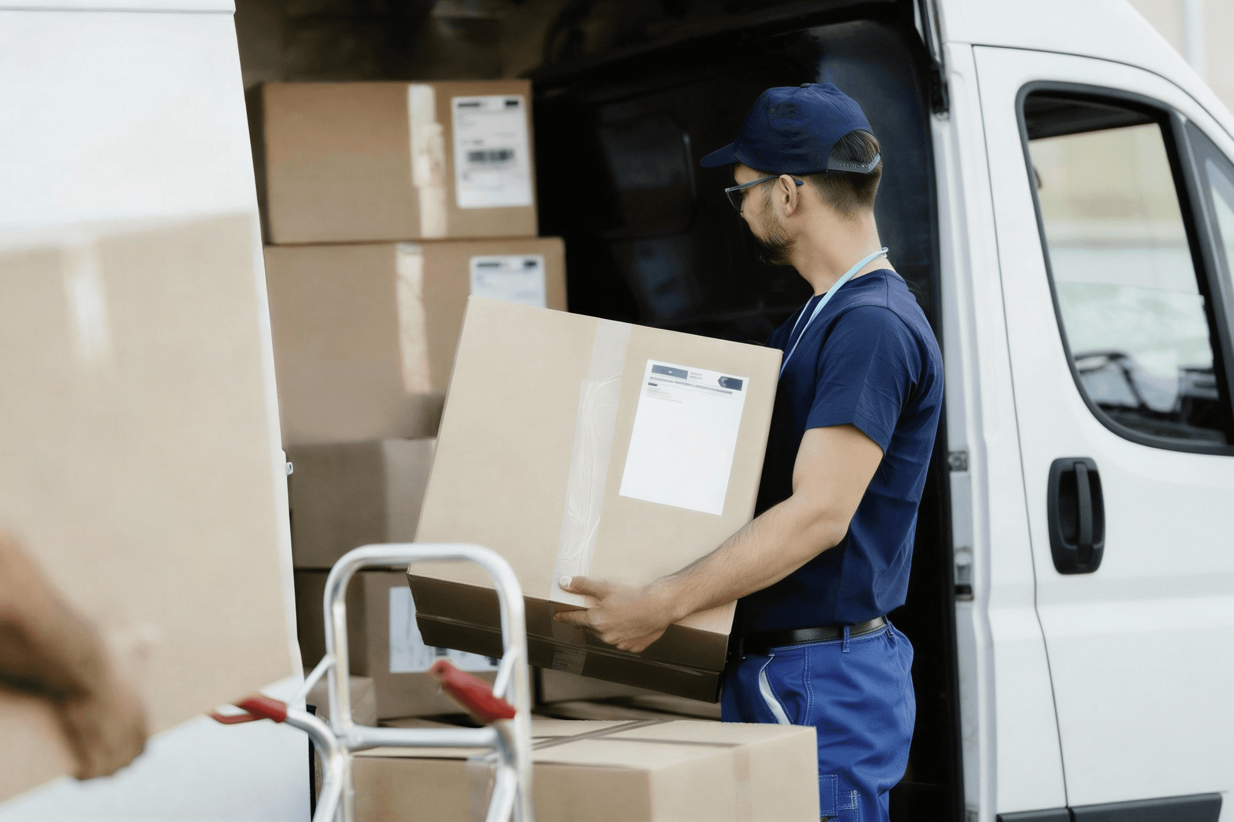 A large group of a moving company workers posing in front of a truck.