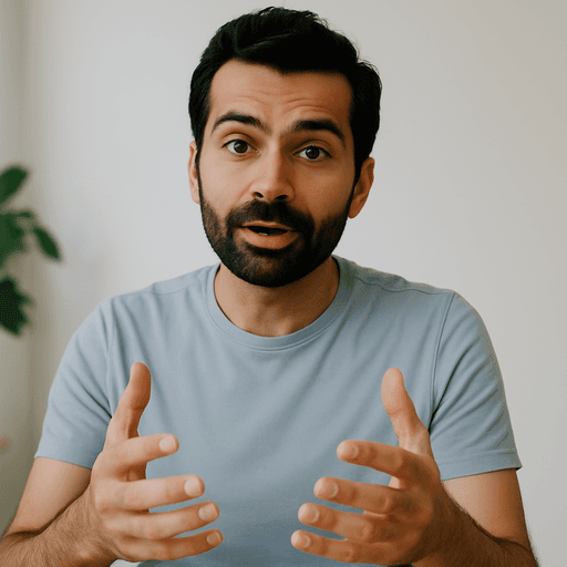 A person with short dark hair and a beard appears to be speaking, with a neutral expression. They wear a light gray shirt, and a plant is blurred in the background.