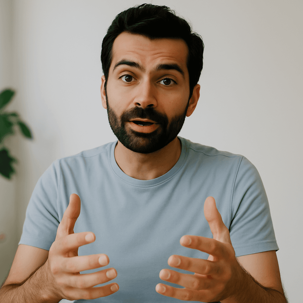 A person with short dark hair and a beard appears to be speaking, with a neutral expression. They wear a light gray shirt, and a plant is blurred in the background.