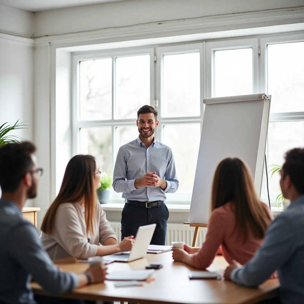 Formateur souriant dans une salle de formation minimaliste
