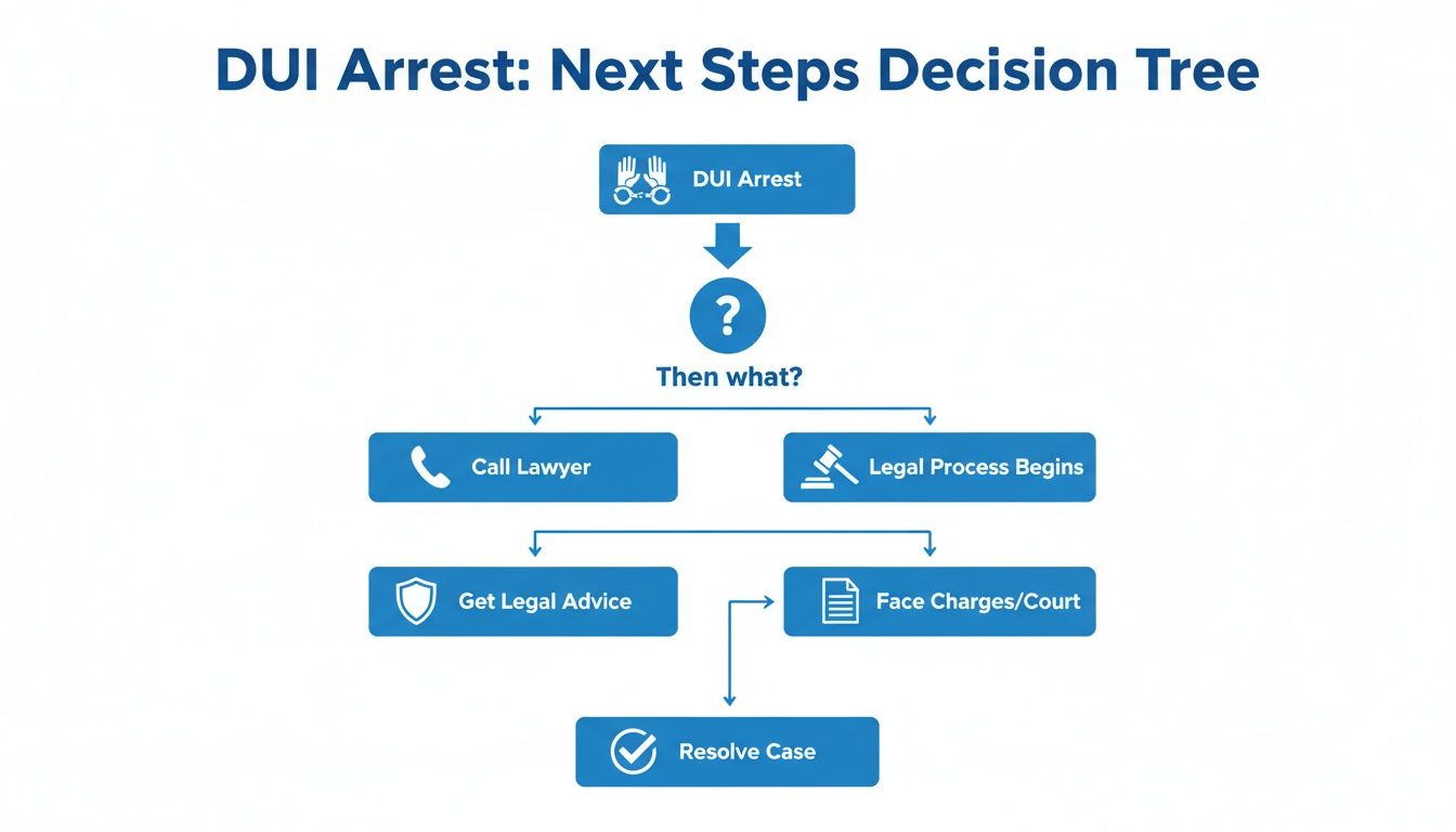 Flowchart illustrating the next steps and decisions to take after a DUI arrest, guiding through legal advice.