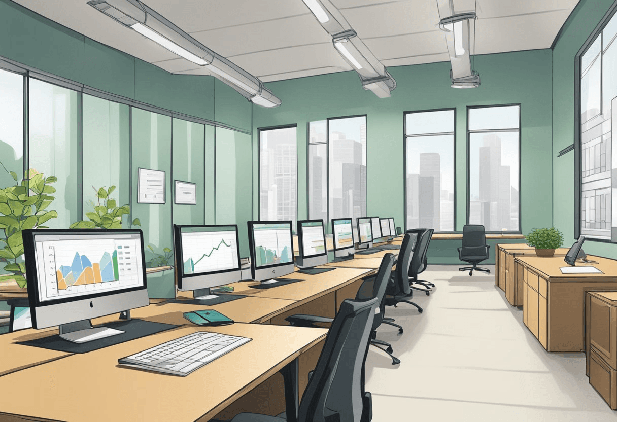 An office with empty desks and a line graph showing a downward trend. A sign on the wall reads "Strategies for Reducing Attrition."