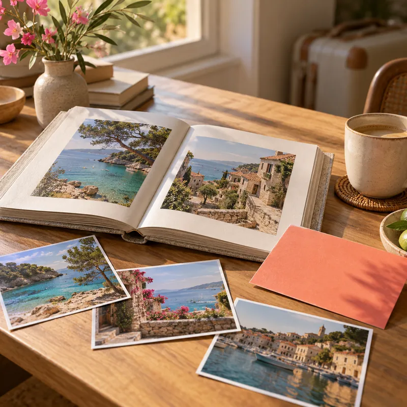 Des photos imprimées et un album gardent le souvenir d’un séjour au bord de la mer.