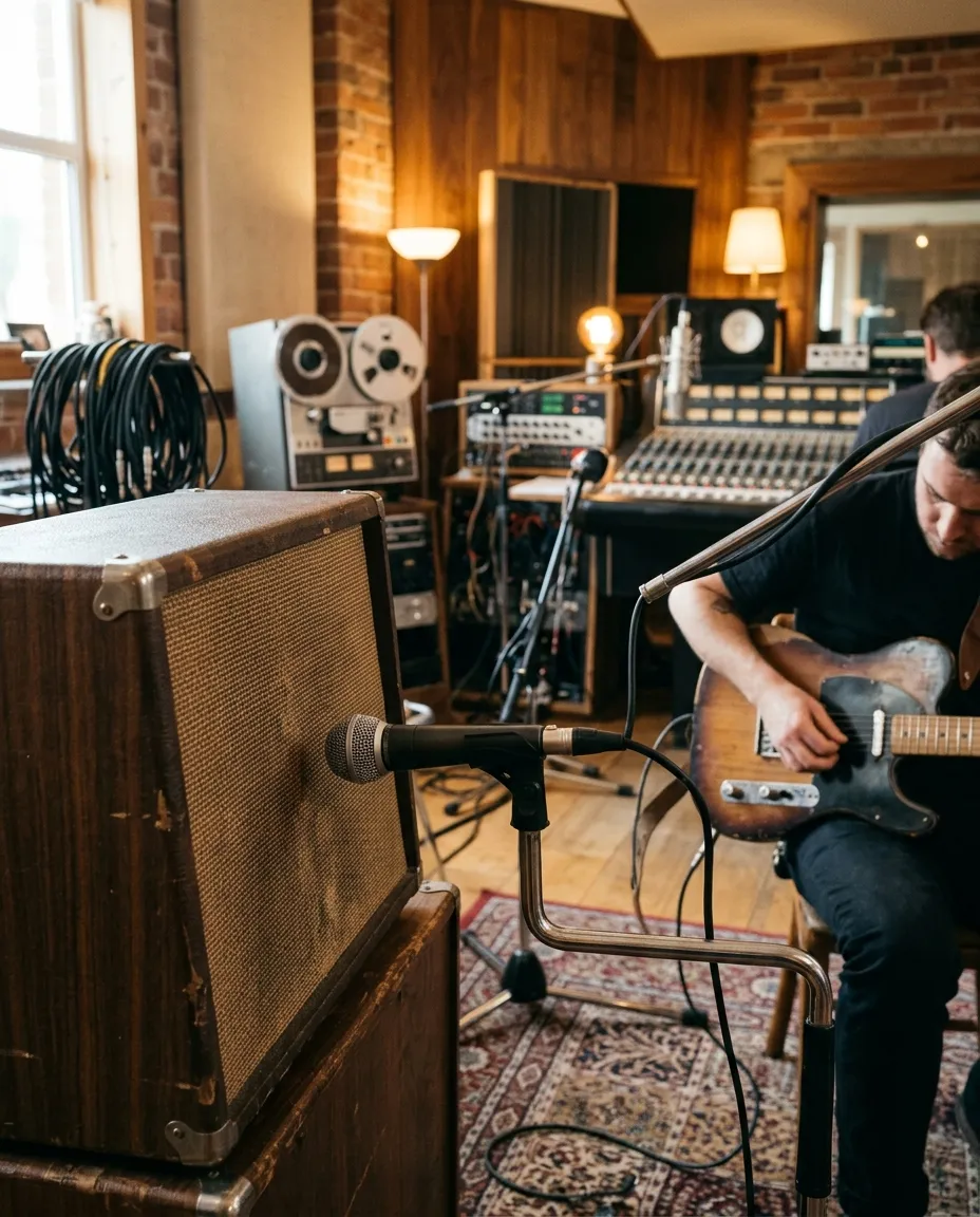 A guitarist playing through the amp in the iso booth