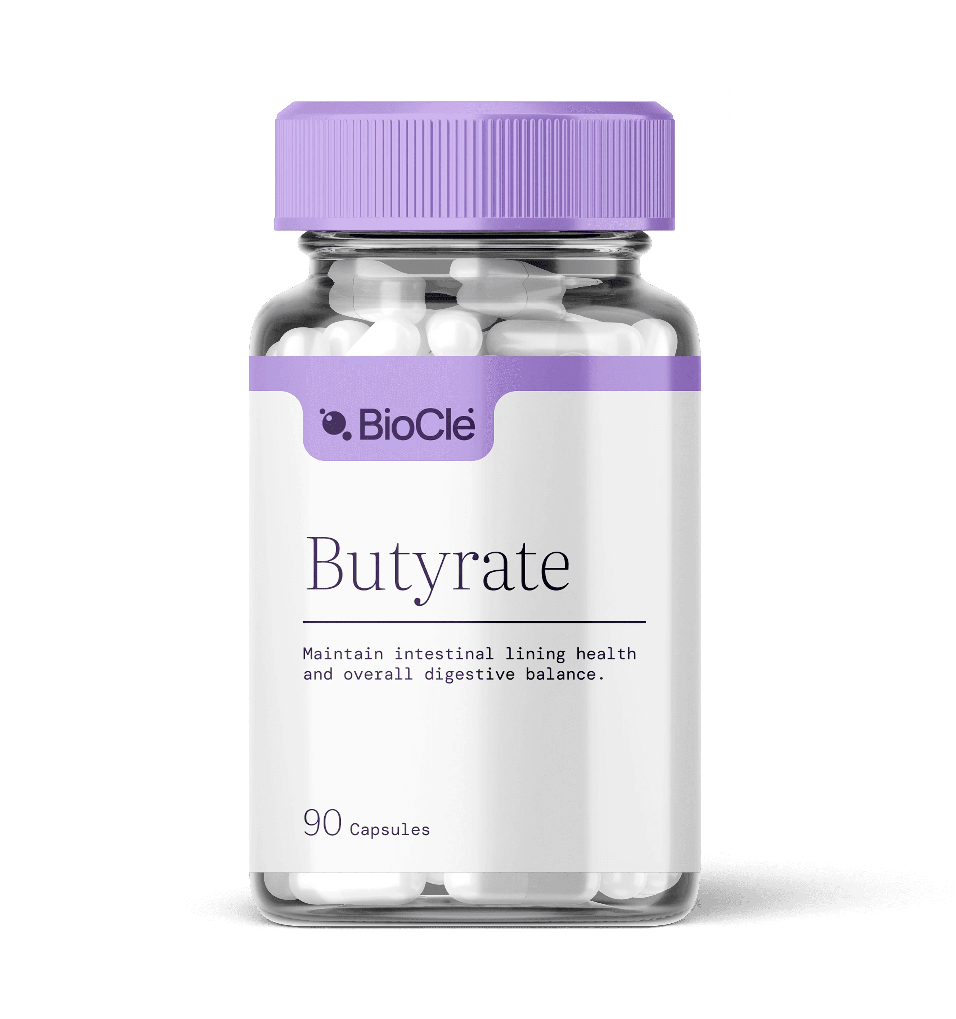 BioCle Butyrate supplement bottle, 90 capsules, for intestinal lining health and digestive balance.