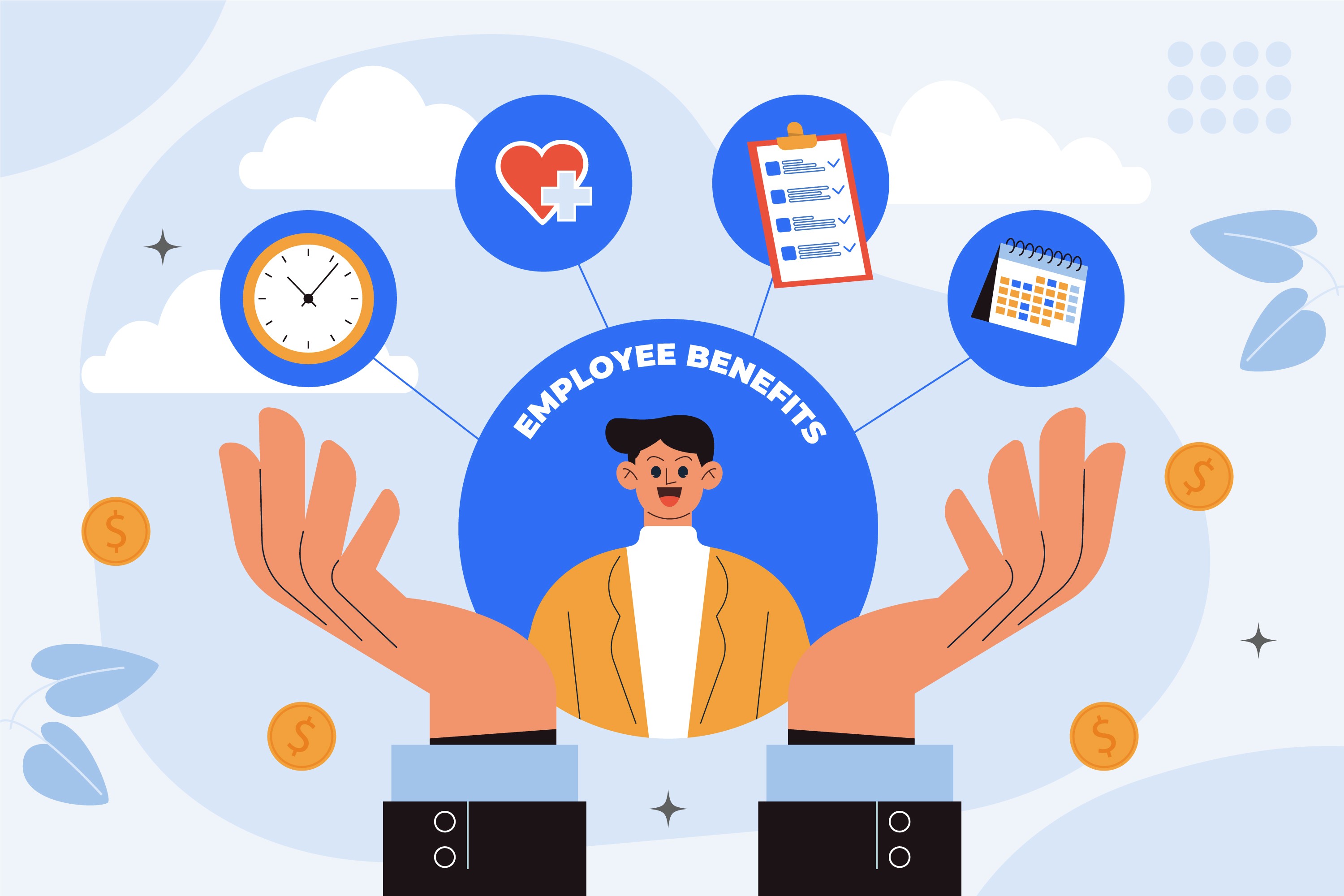 An illustration showing employee benefits in HRM. 