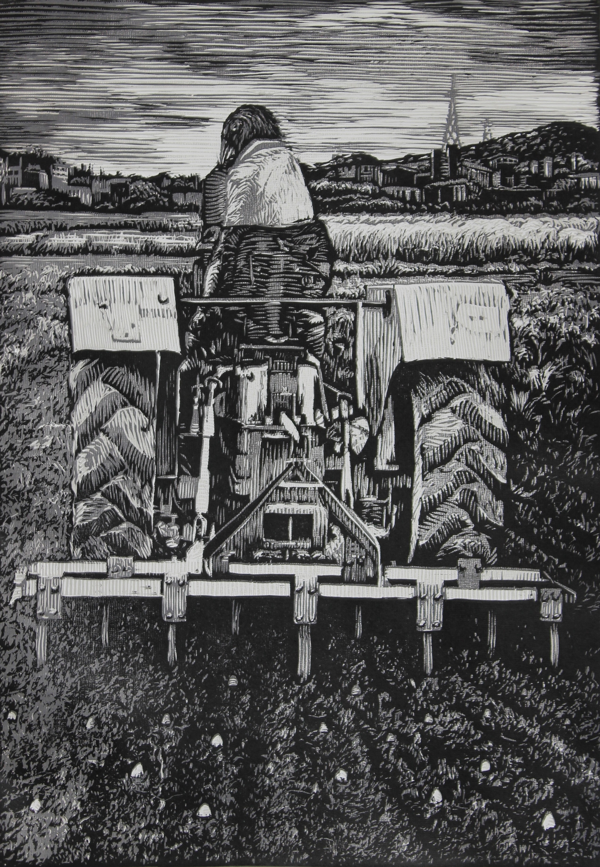 herd of sheep on road painting