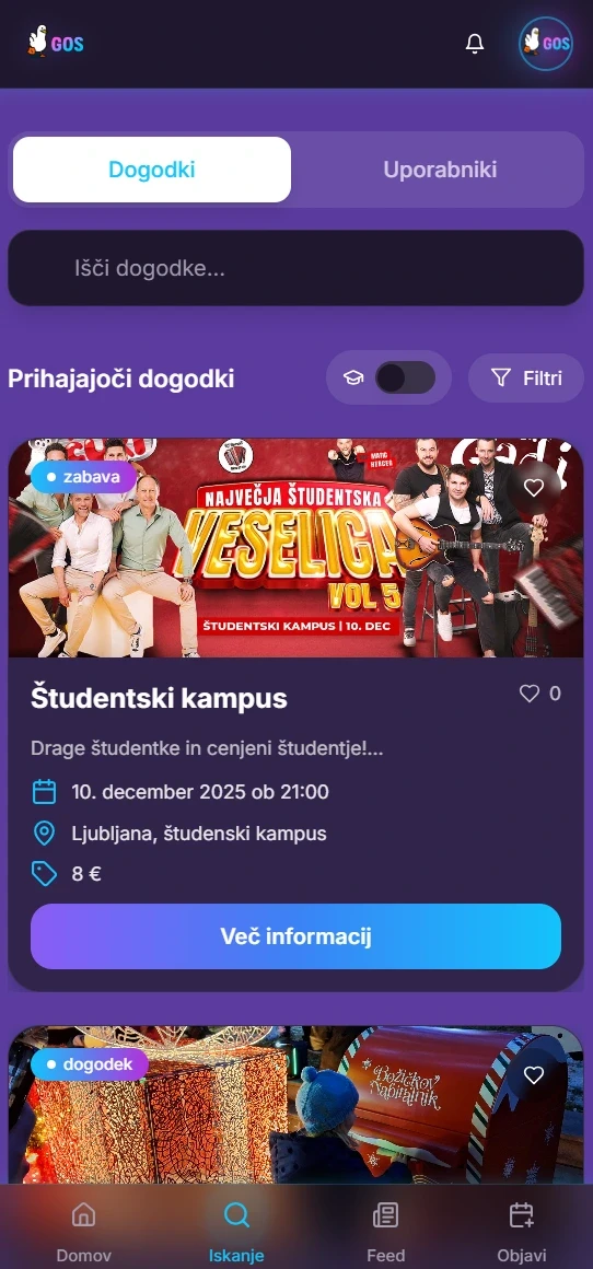 Aplikacija gos dogodki prikazuje prihajajoče dogodke