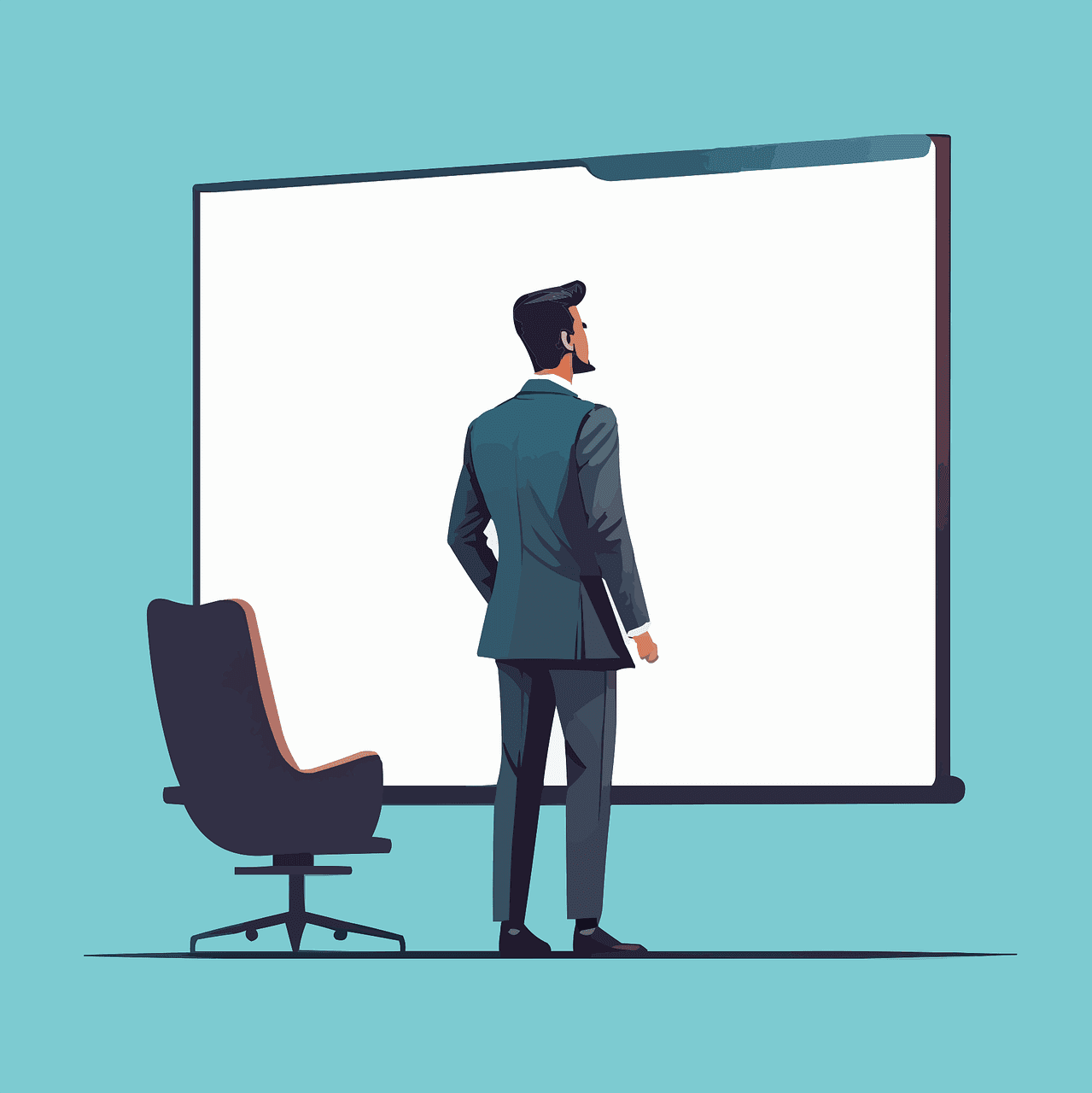 Color drawing of a business professional standing in front of projection screen, facing towards it.