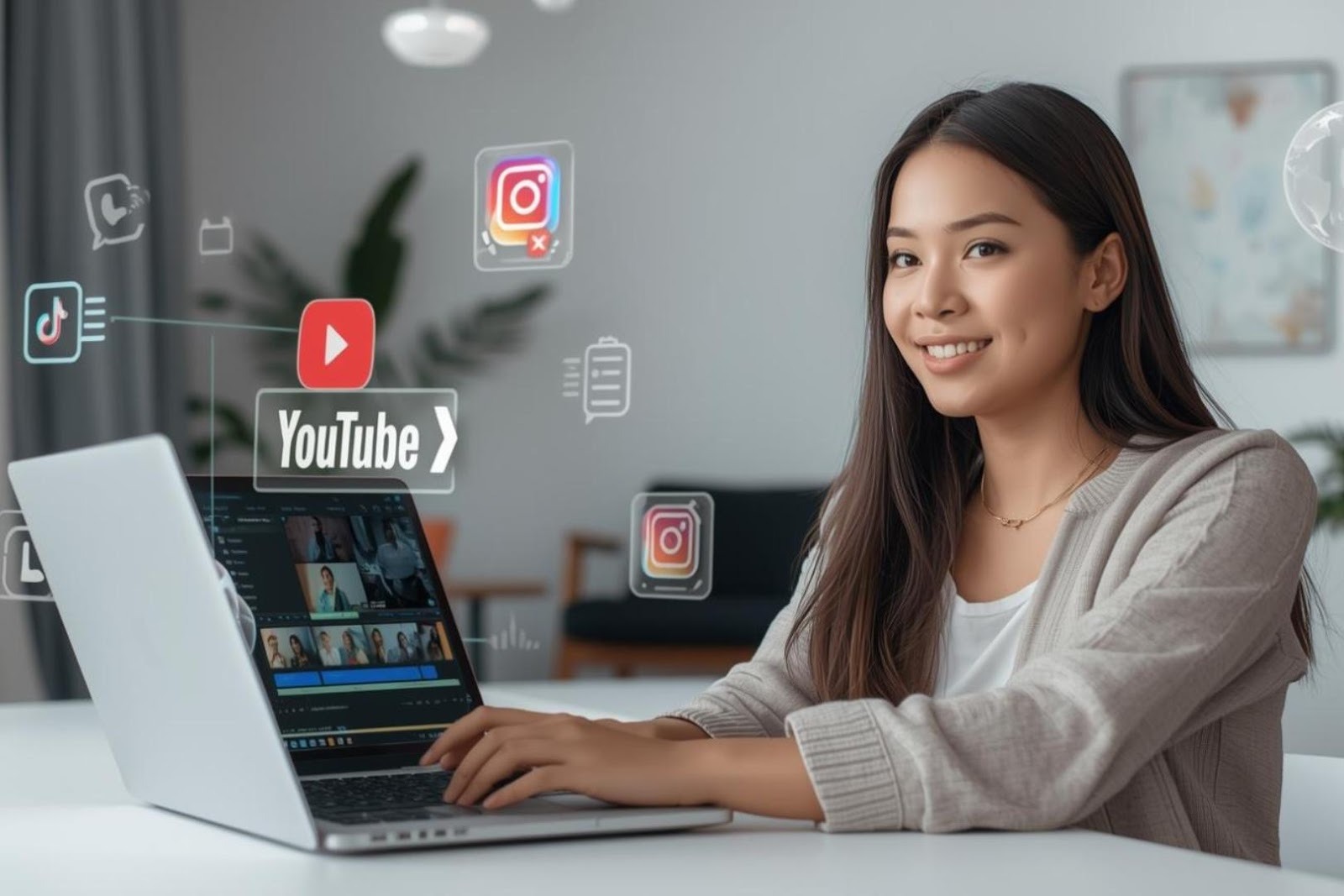 Social media manager using automatic dubbing software to localize short-form videos for YouTube and Instagram on a laptop