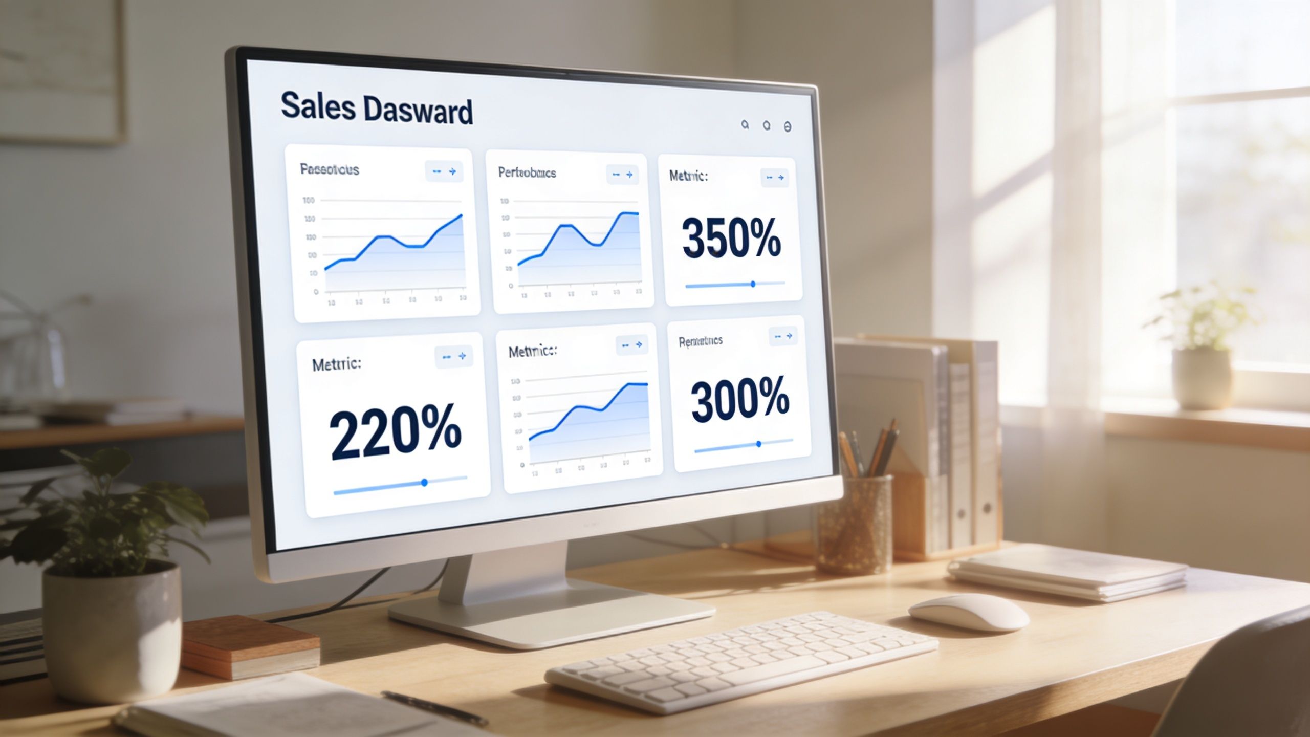 A desktop computer screen showing a digital sales dashboard with various charts and performance metrics displayed.