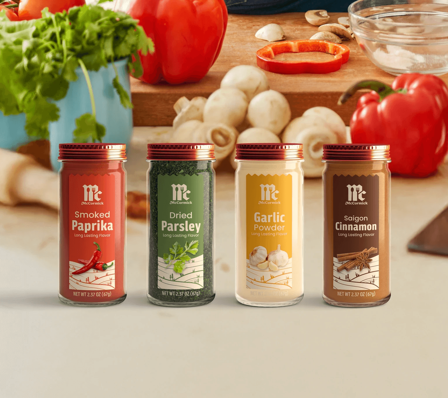 Redesigned McCormick spice bottles on a kitchen countertop.