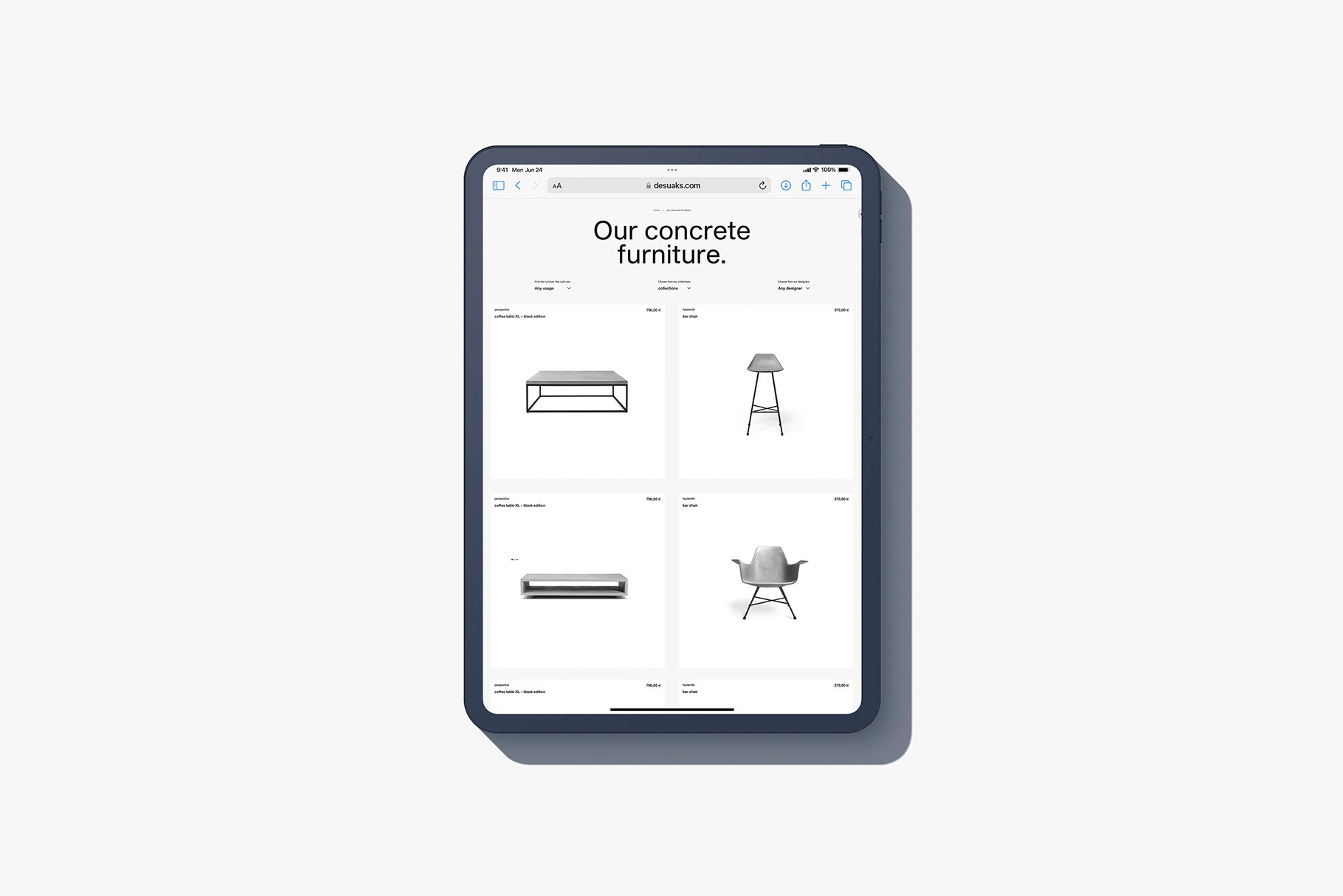 Front-facing iPad Pro mockup with a clean, minimalistic e-commerce design, set against a subtle gray background.