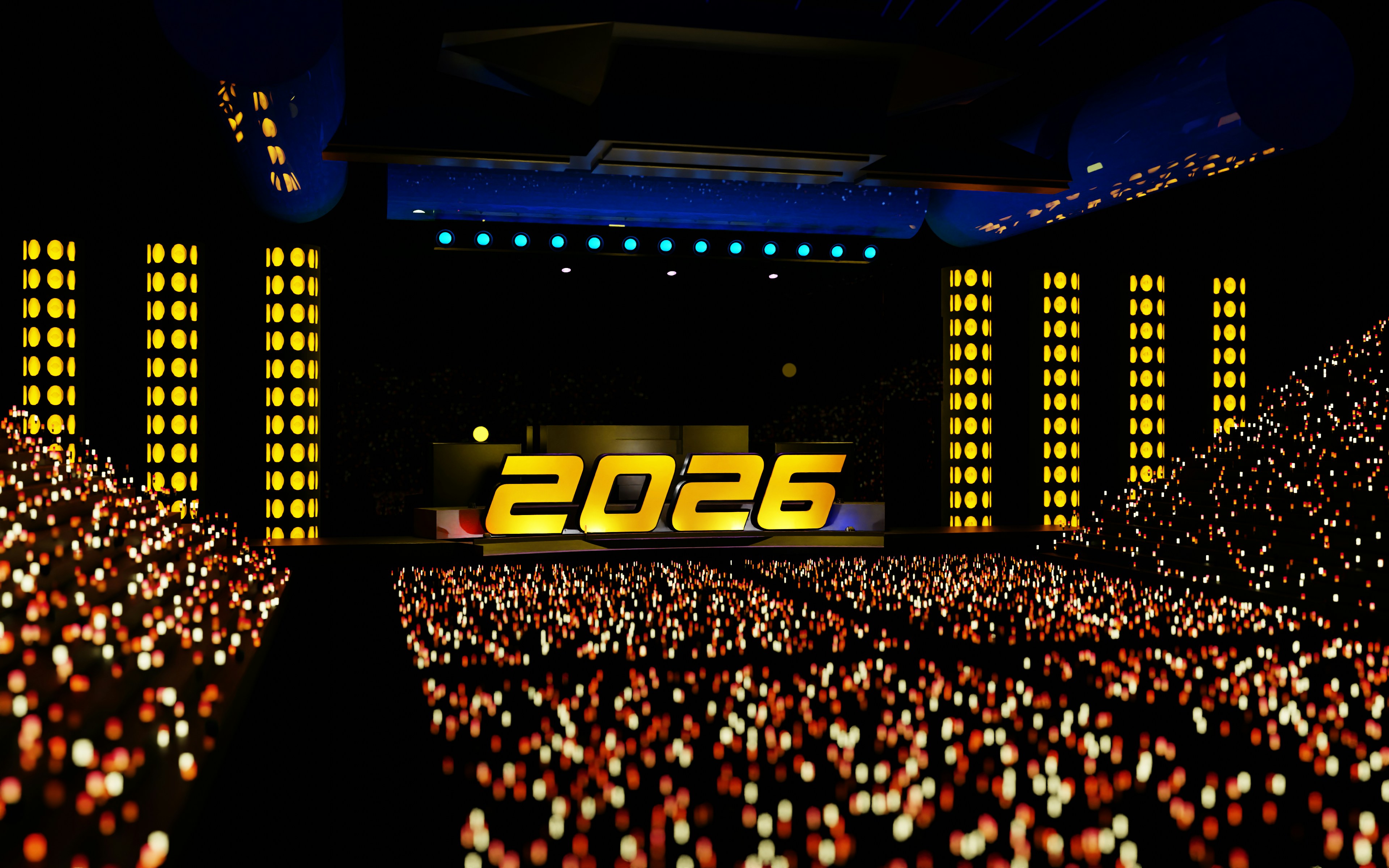 A concert stage with the year 2026 displayed.