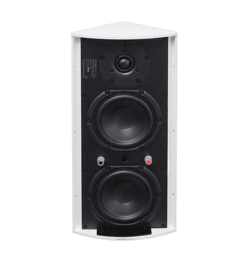 White corner speaker with dual woofers and a tweeter