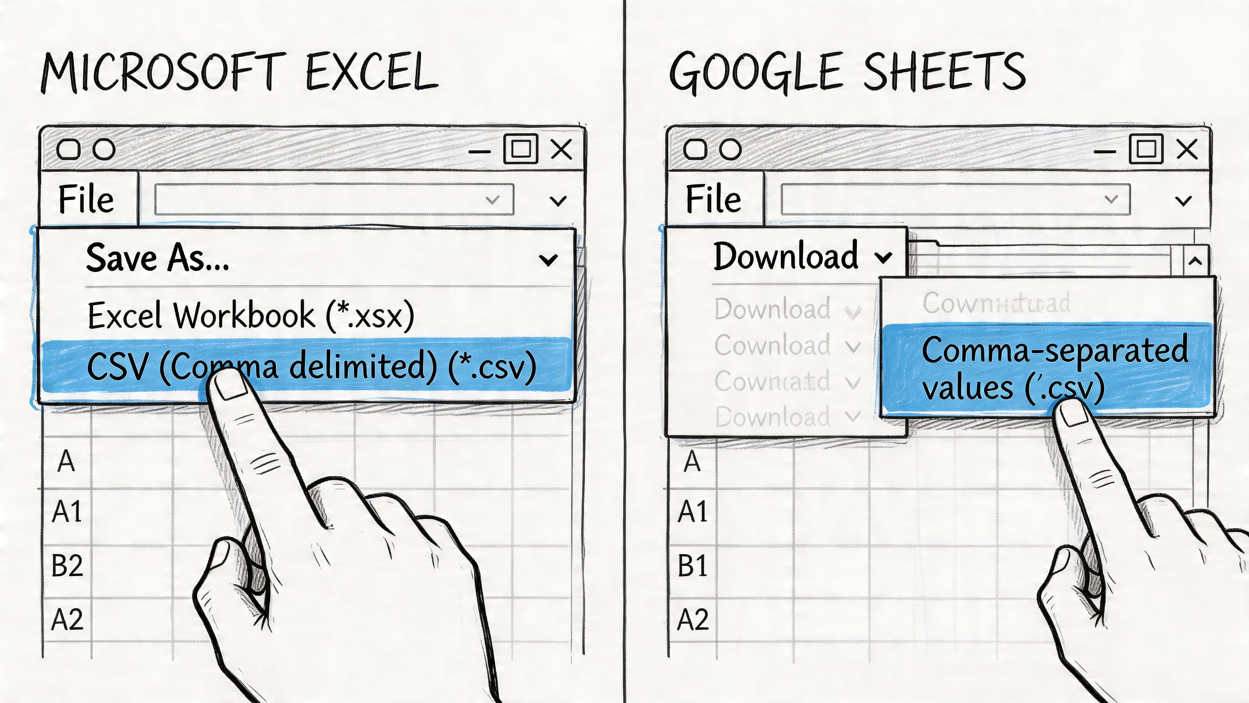 A hand selecting the CSV file format option in both Microsoft Excel and Google Sheets menus.