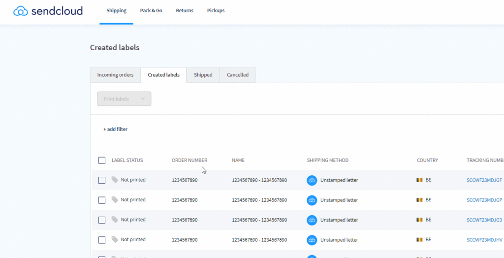 sendcloud order filters