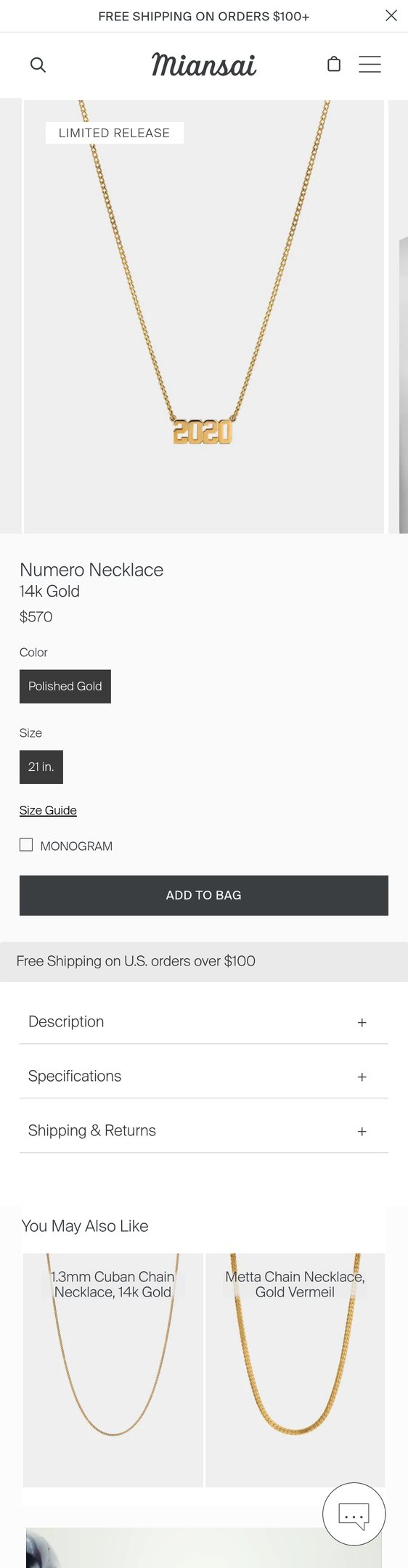 Jewelry product options include: necklace, pendant, chain for Numero Necklace, 14k Gold from Miansai.