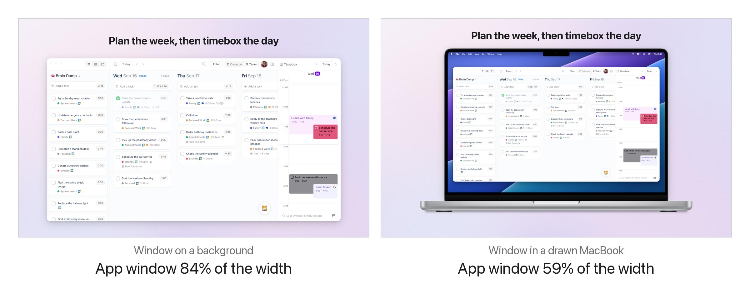 Two versions of the same Mac App Store screenshot of Ellie’s Calendar Kanban. On the left the window fills most of the image under the headline and is labeled App window 84% of the width. On the right the window sits on the screen of a silver MacBook with a blue wallpaper and a menu bar, labeled App window 59% of the width.
