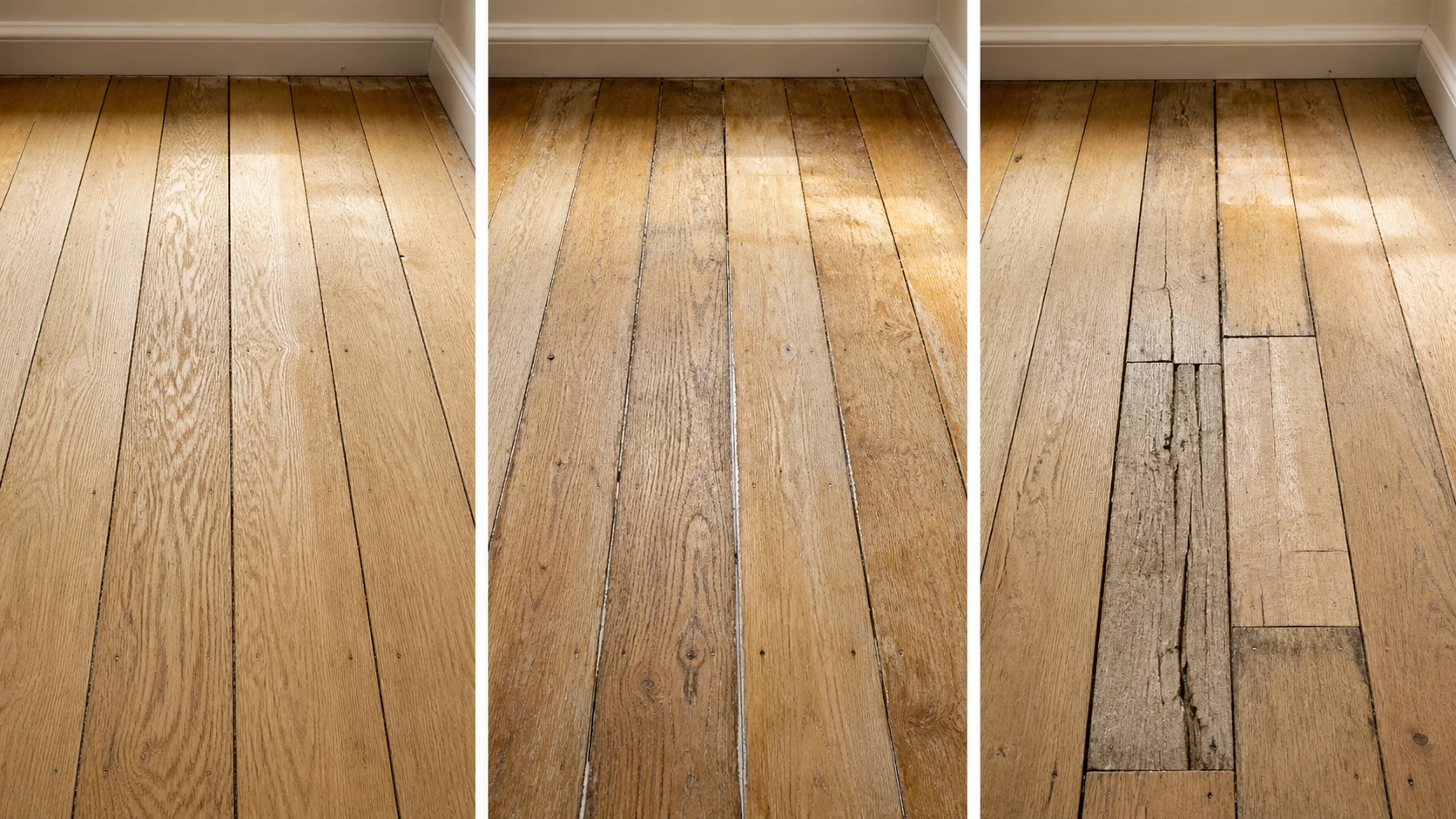Trois états d’un parquet peint : bois récupérable, teinte à harmoniser et lame à remplacer